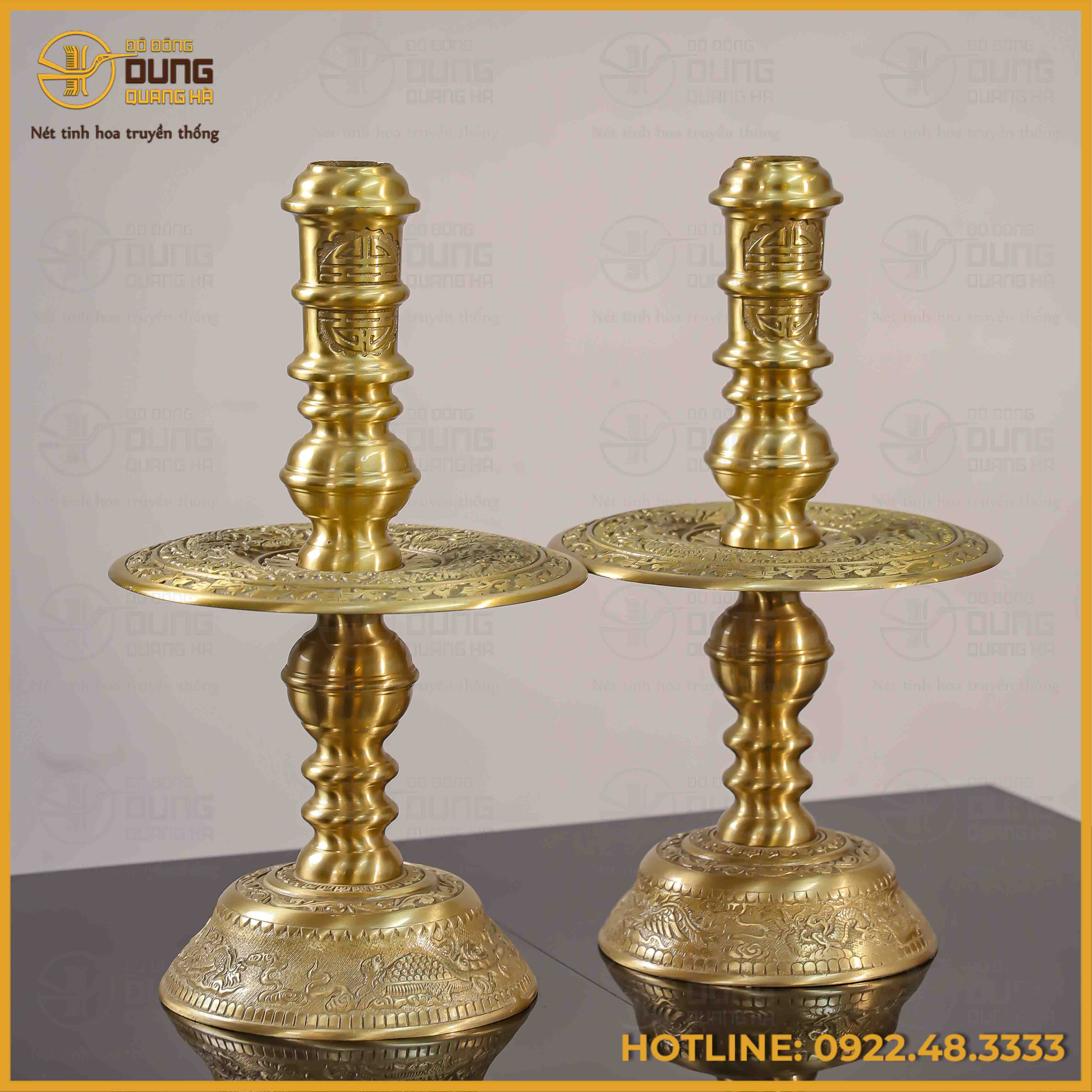 Đôi nến song long đồng vàng mộc cao 50cm