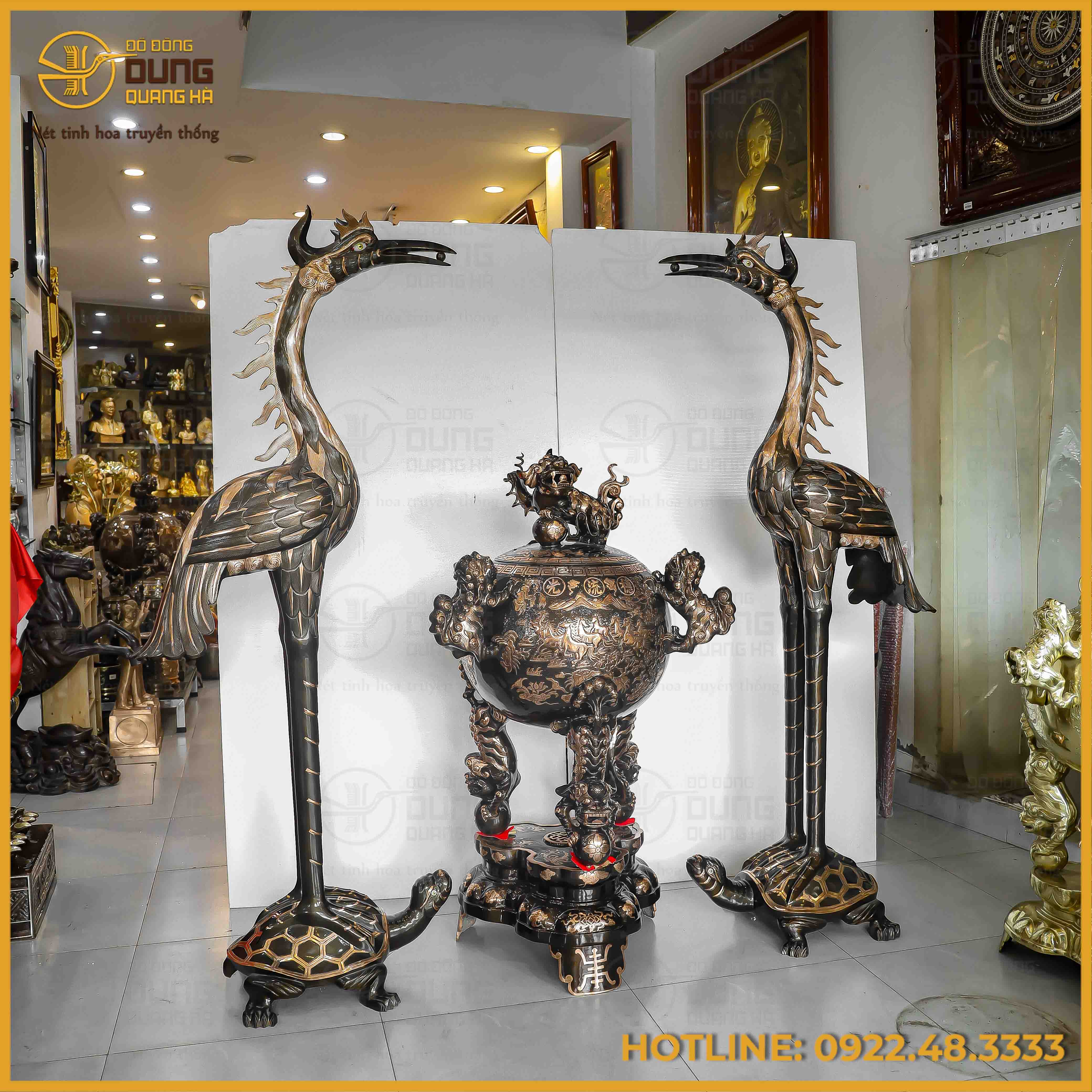 Bộ tam sự hạc cao 1m92 và đỉnh cầu cao 1m34 đồng đỏ cạo màu