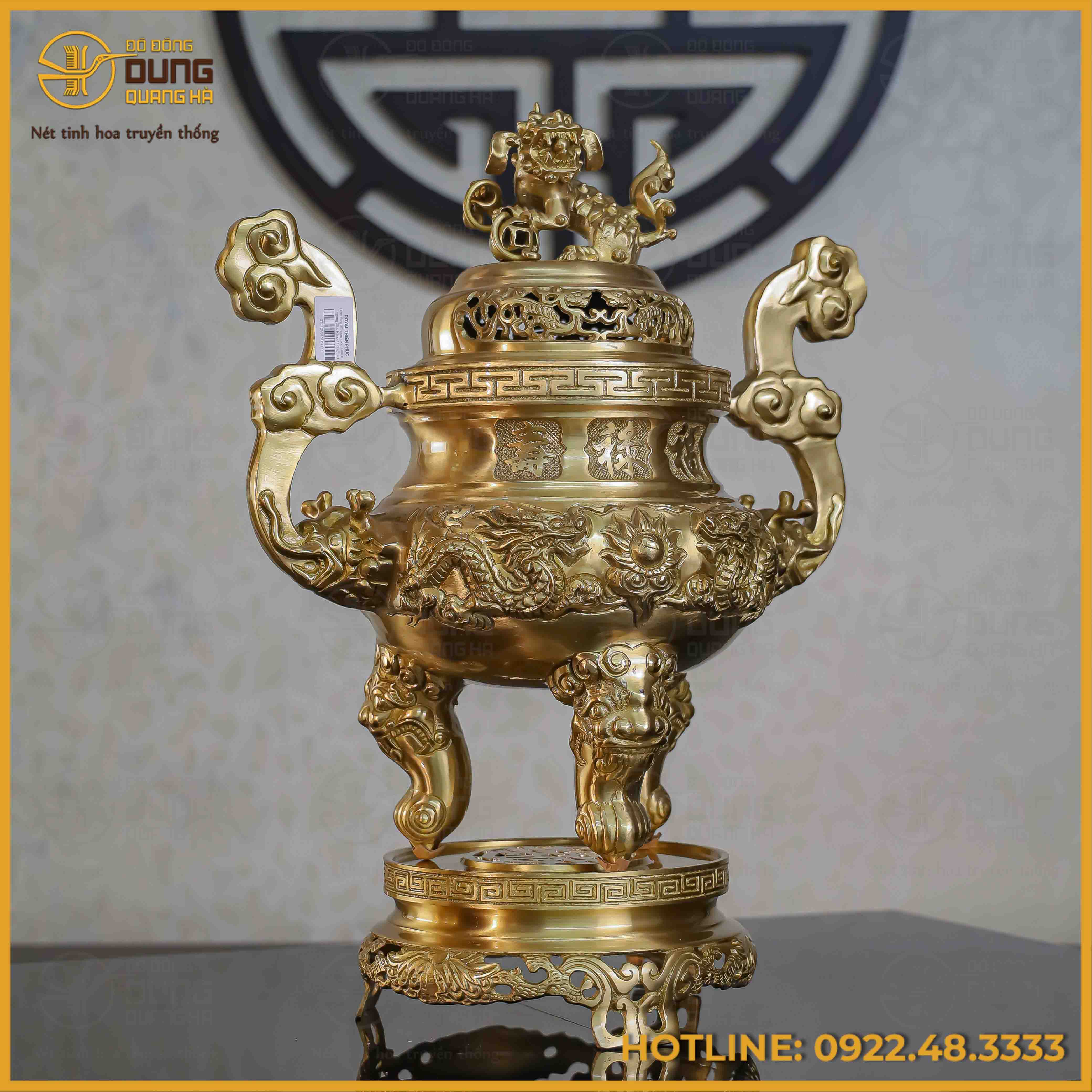 Đỉnh song long chầu nguyệt đồng vàng mộc cao 50cm