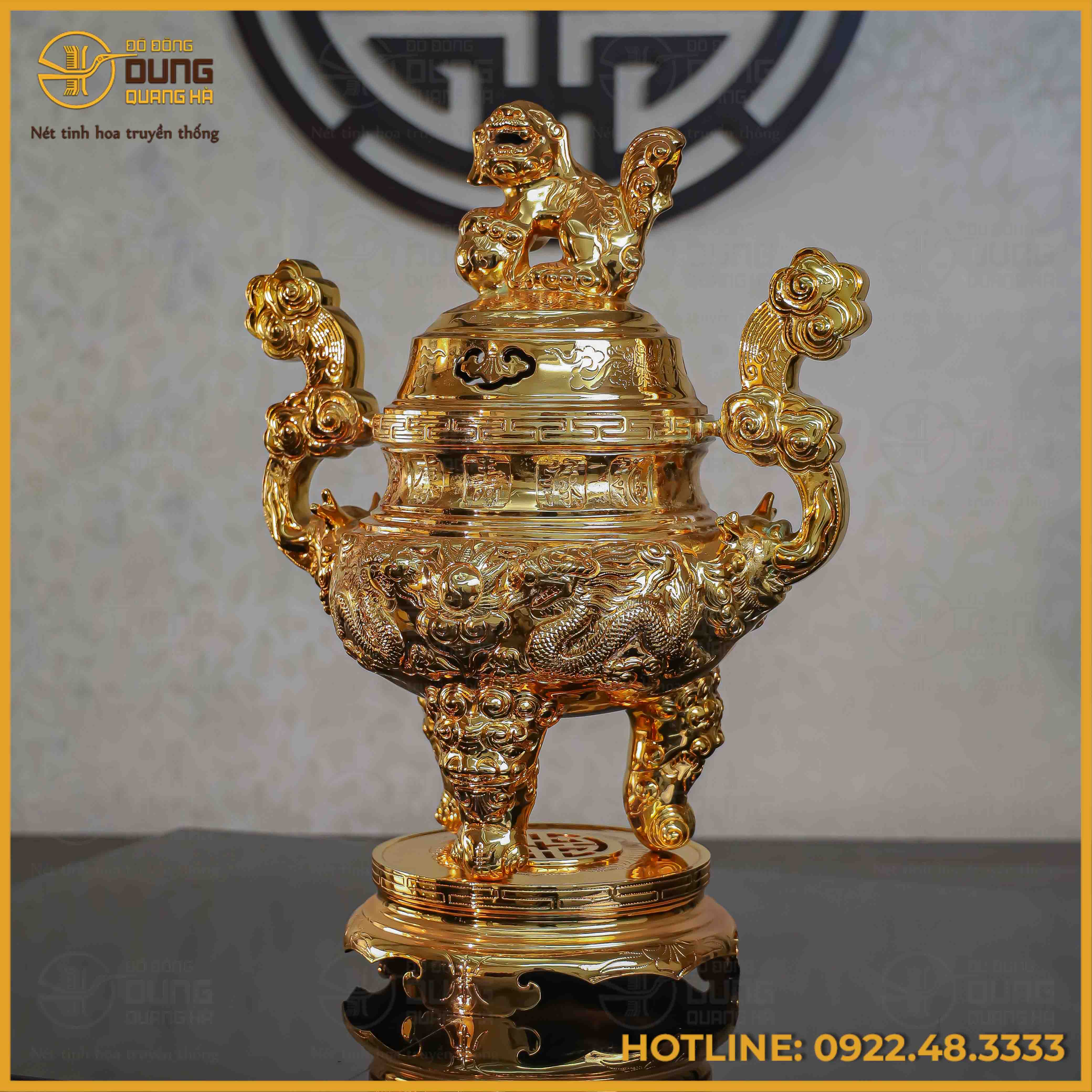 Đỉnh song long chầu nguyệt đồng đỏ mạ vàng tĩnh điện cao 50cm