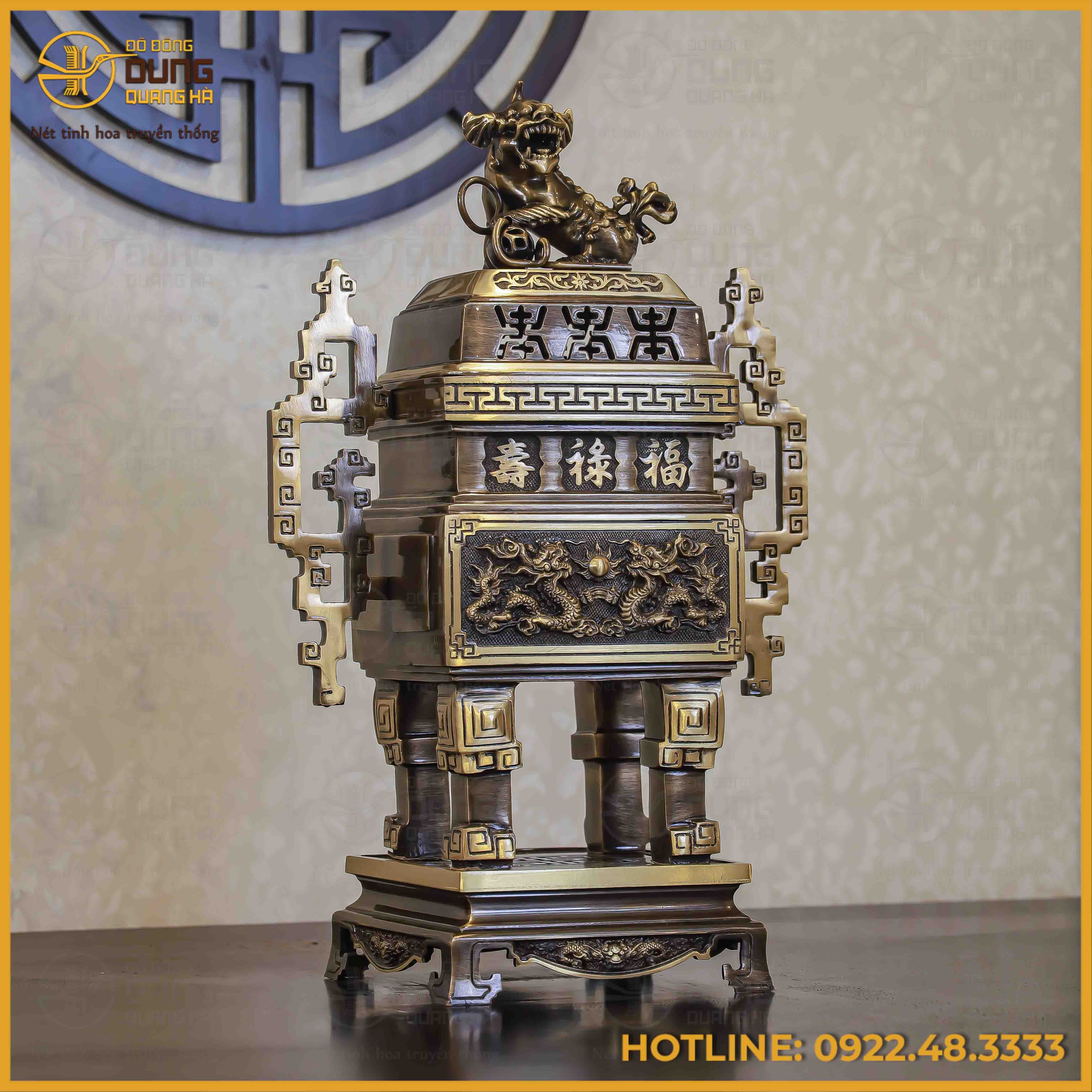 Đỉnh vuông song long chầu nguyệt đồng vàng hai công nghệ cao 65cm