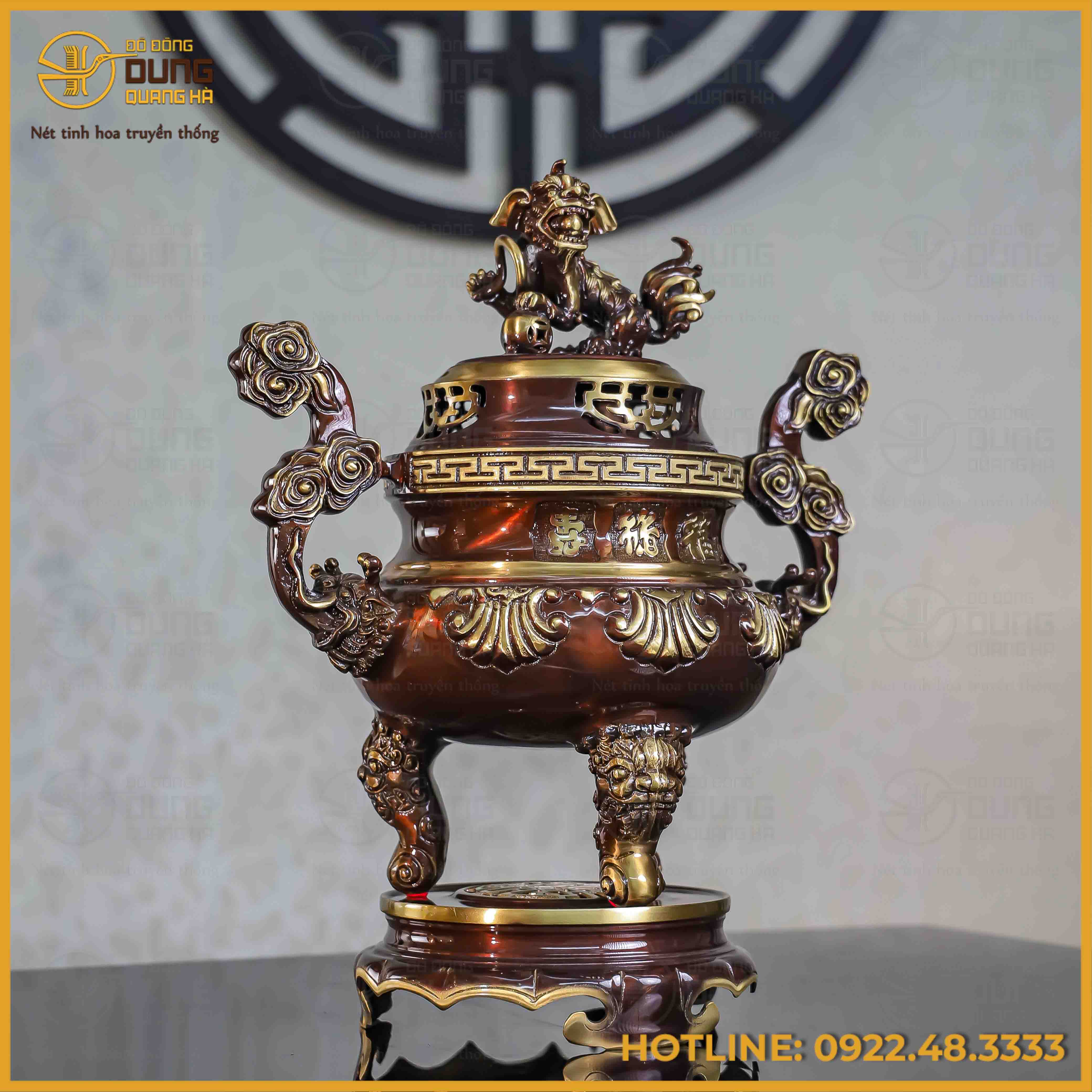 Đỉnh chạm sòi đồng vàng hai lai cao 45cm