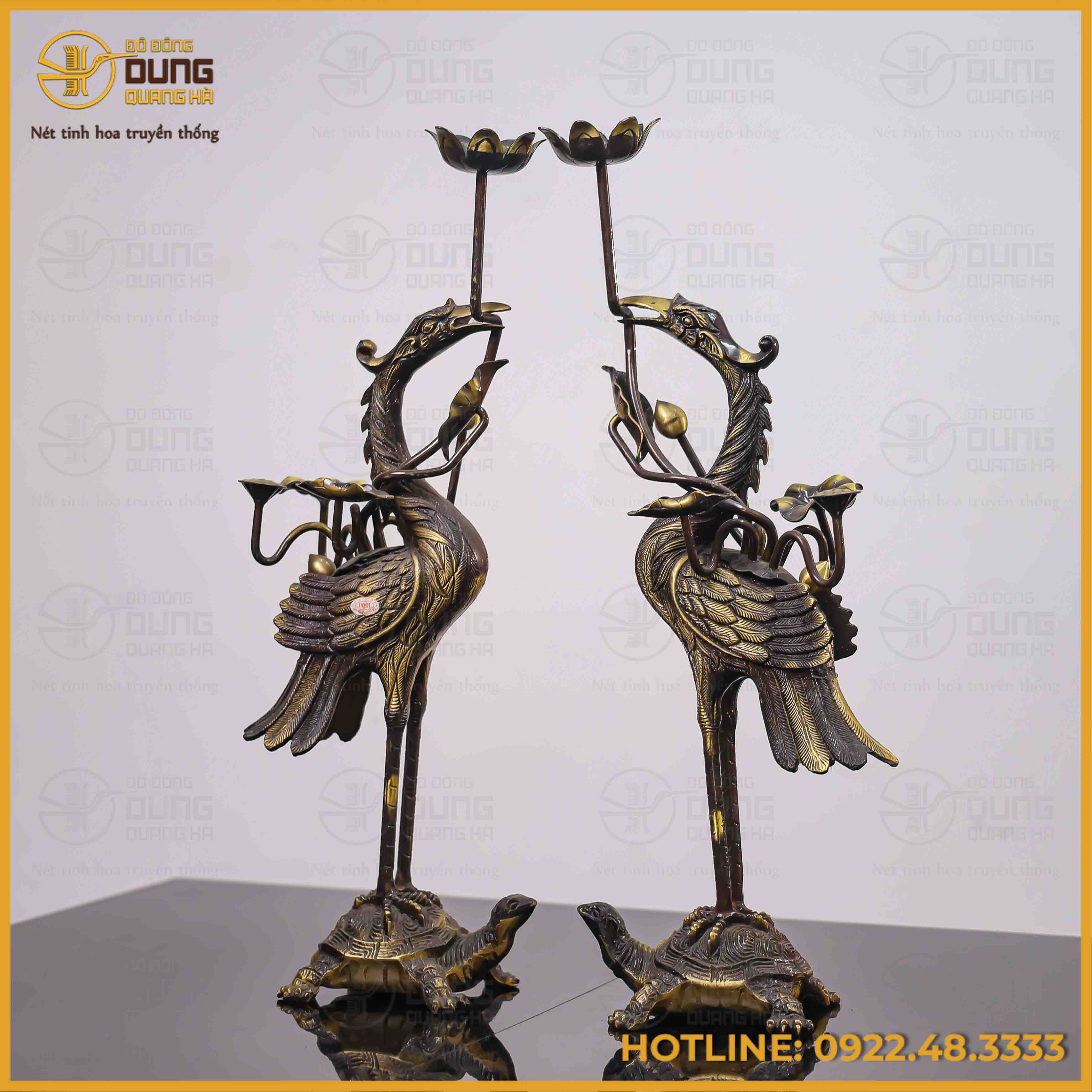 Đôi hạc thờ đồng vàng hai lai cao 45cm