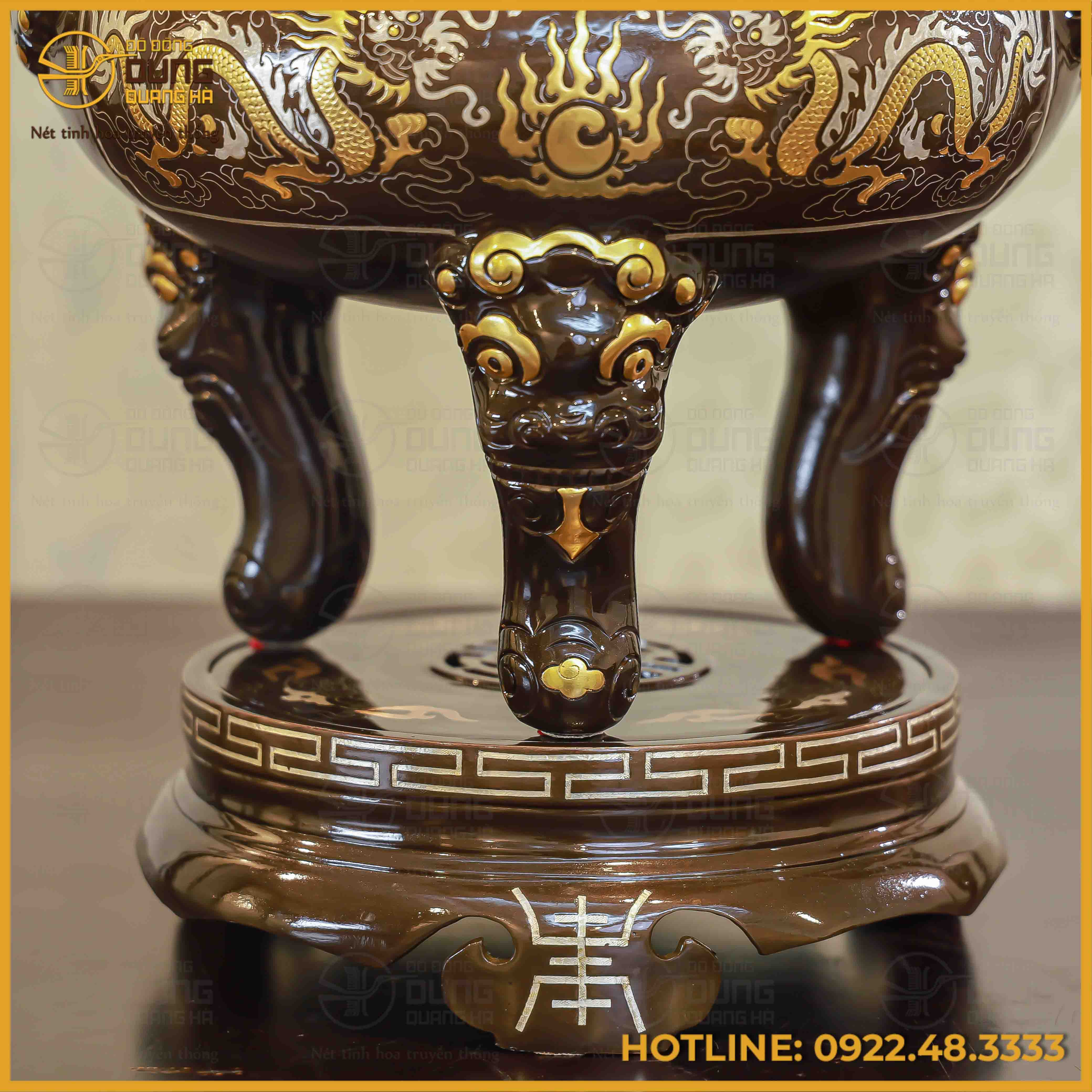Đỉnh rồng đồng đỏ khảm tam khí dát điểm vàng cao 60cm