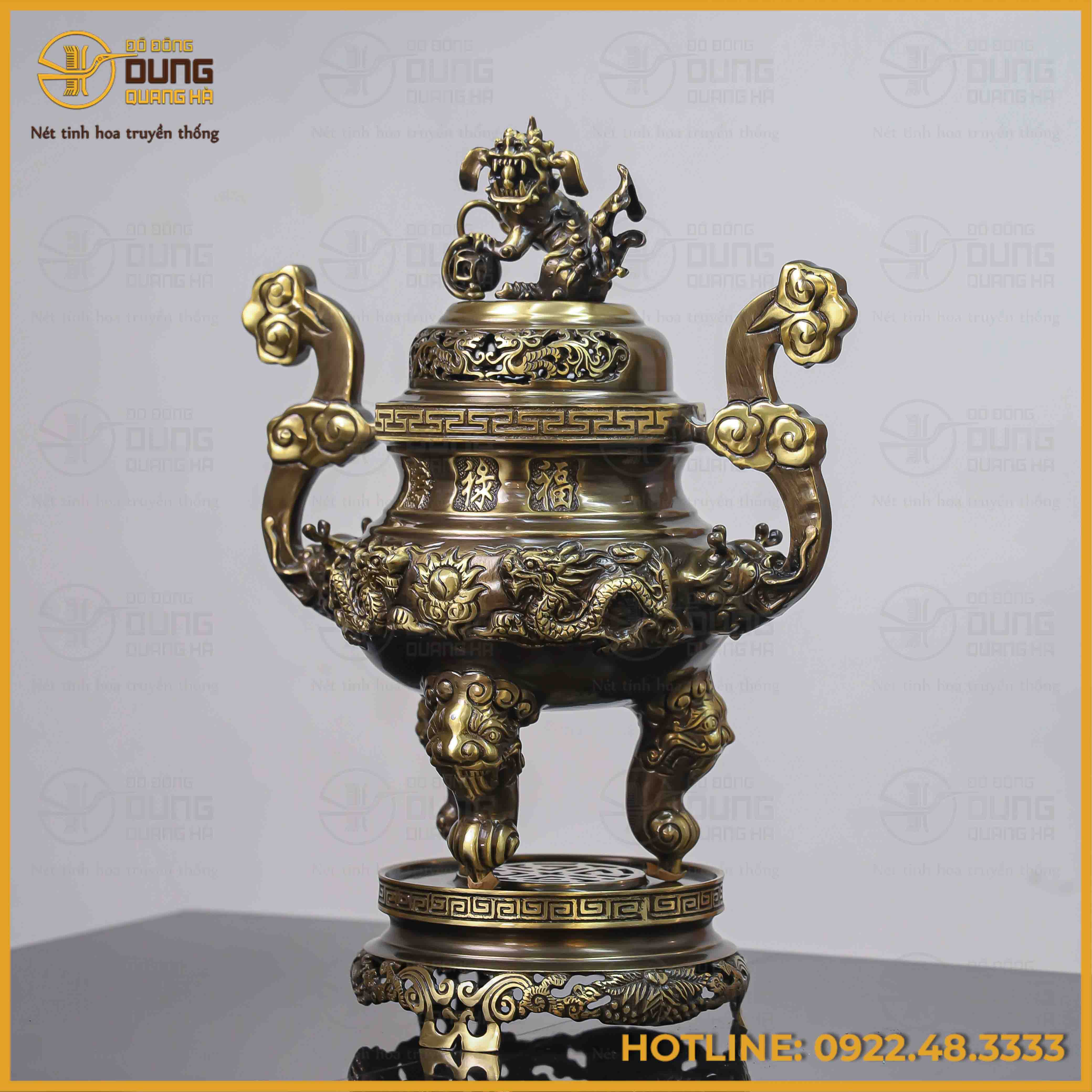 Đỉnh song long chầu nguyệt đồng vàng hai công nghệ cao 45cm