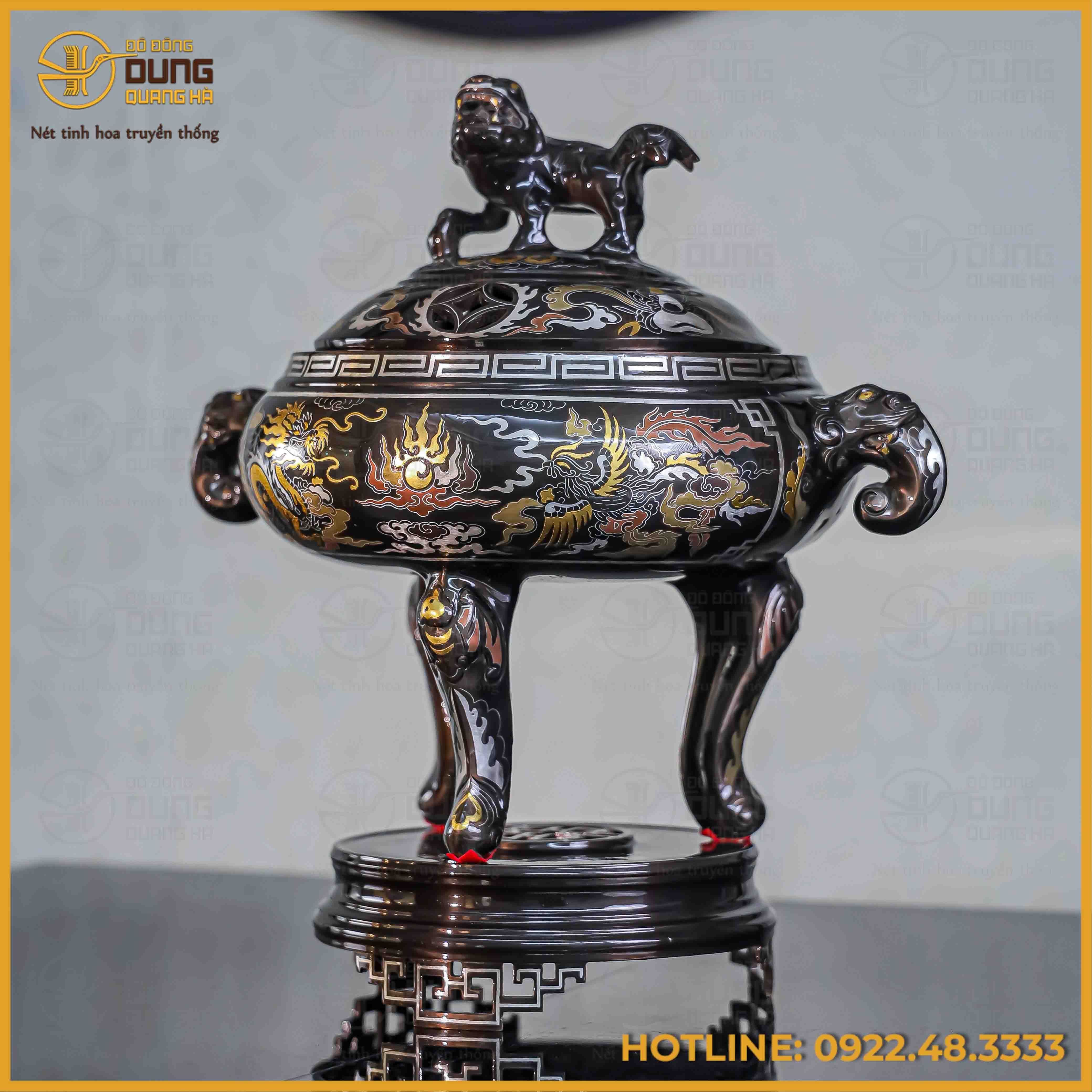 Lư đỉnh đốt trầm đồng đỏ khảm ngũ sắc cao 35cm
