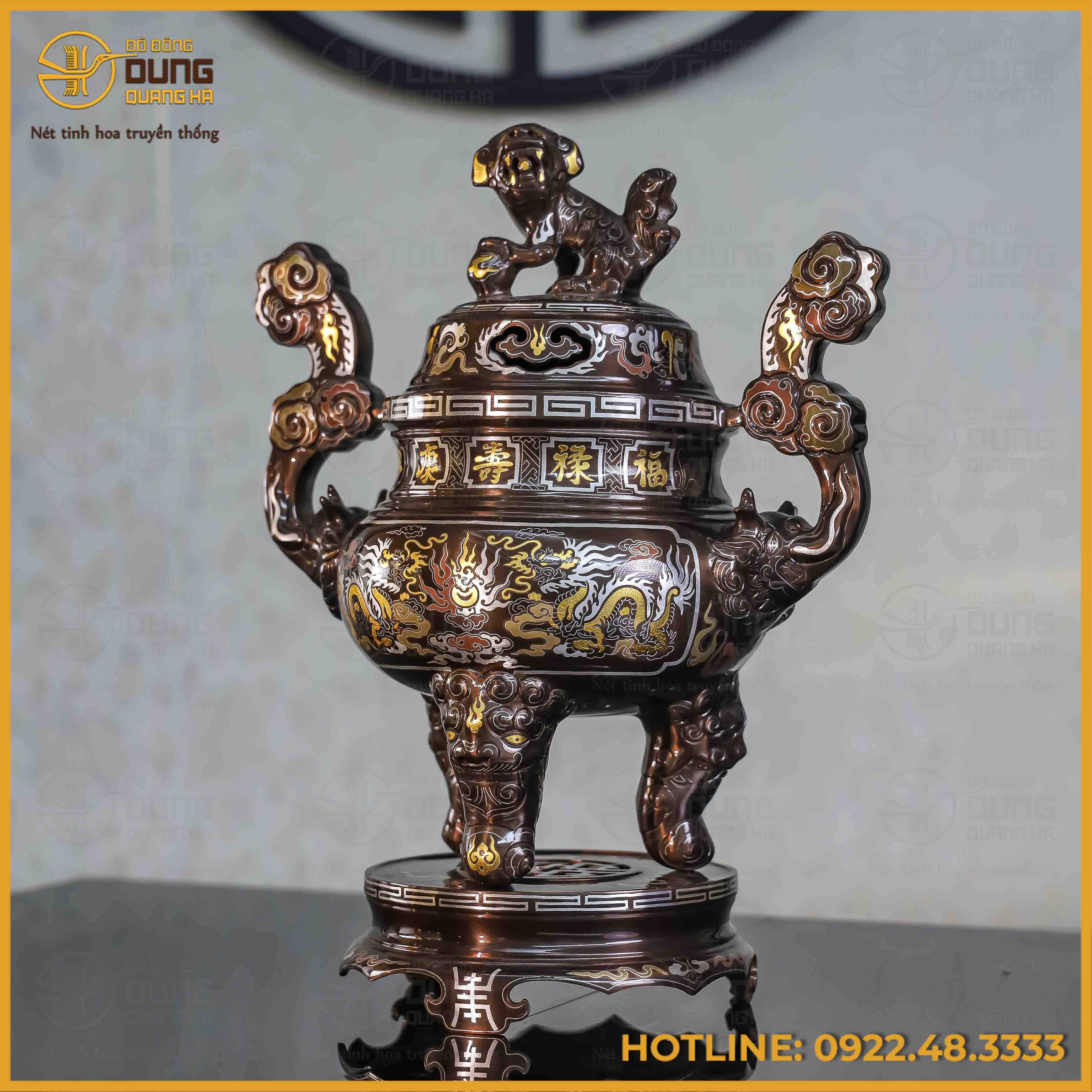 Đỉnh song long chầu nguyệt đồng đỏ khảm ngũ sắc cao 40cm