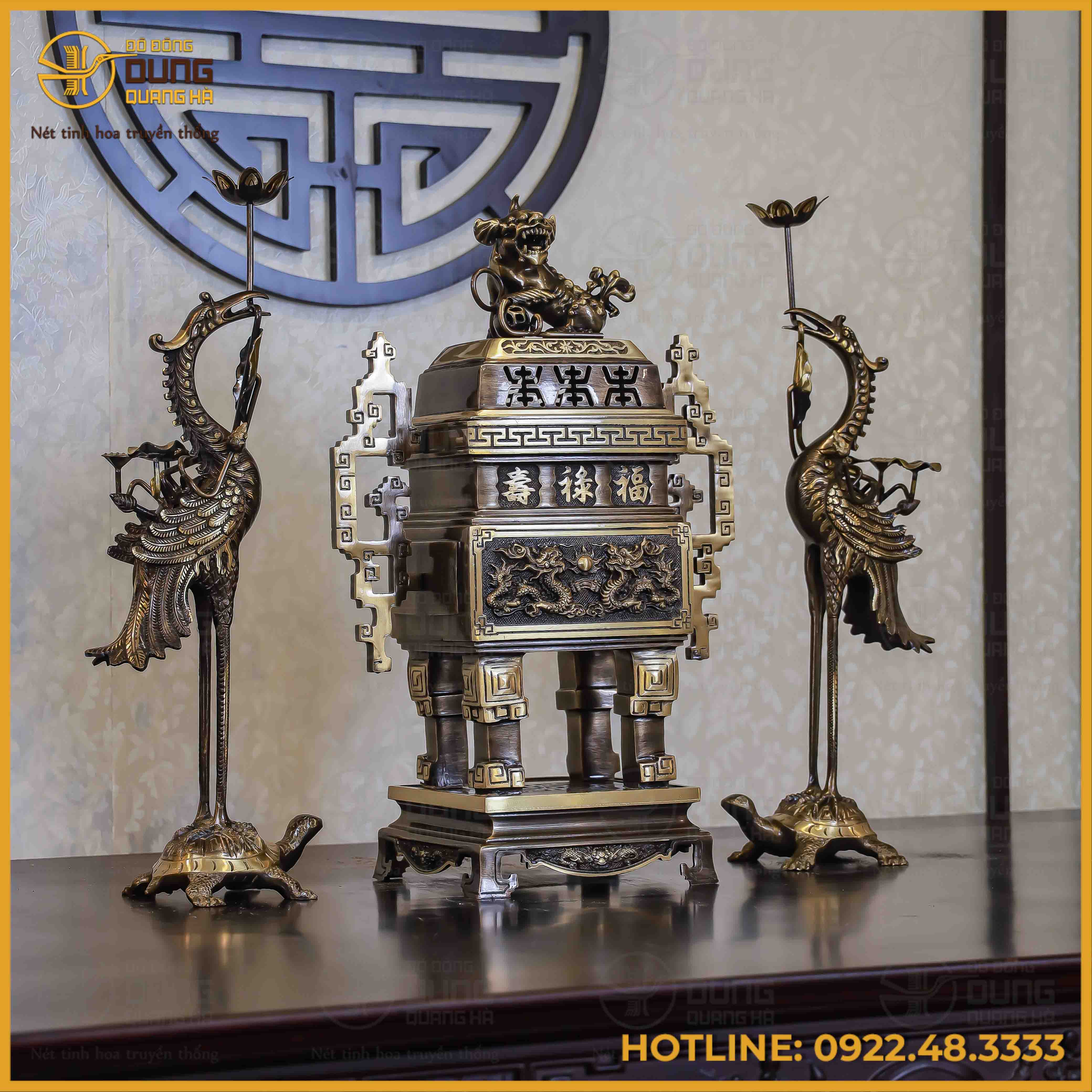 Bộ tam sự hạc đỉnh vuông song long chầu nguyệt đồng vàng hai công nghệ cao 65cm