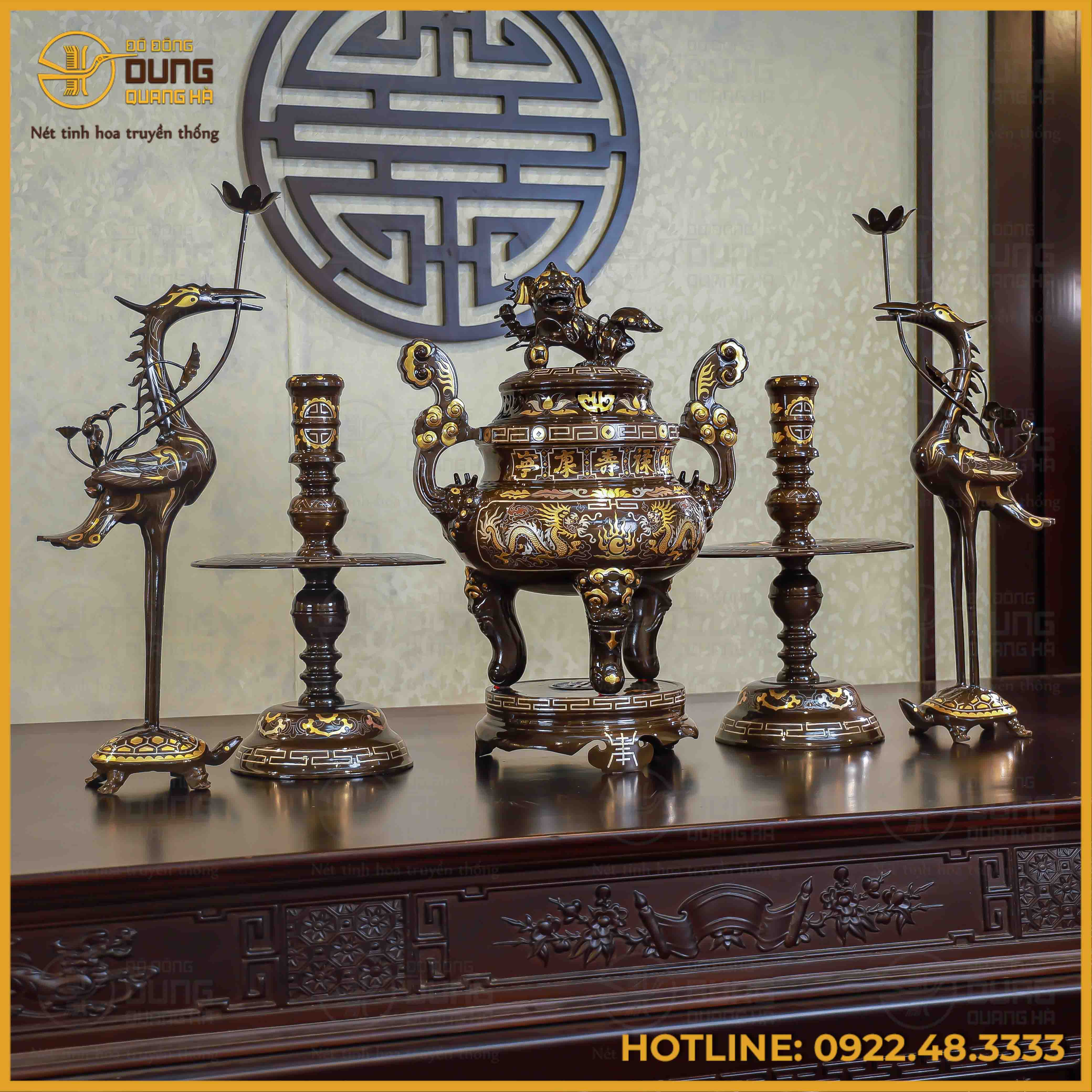 Bộ ngũ sự song long chầu nguyệt đồng đỏ khảm tam khí dát điểm vàng cao 60cm