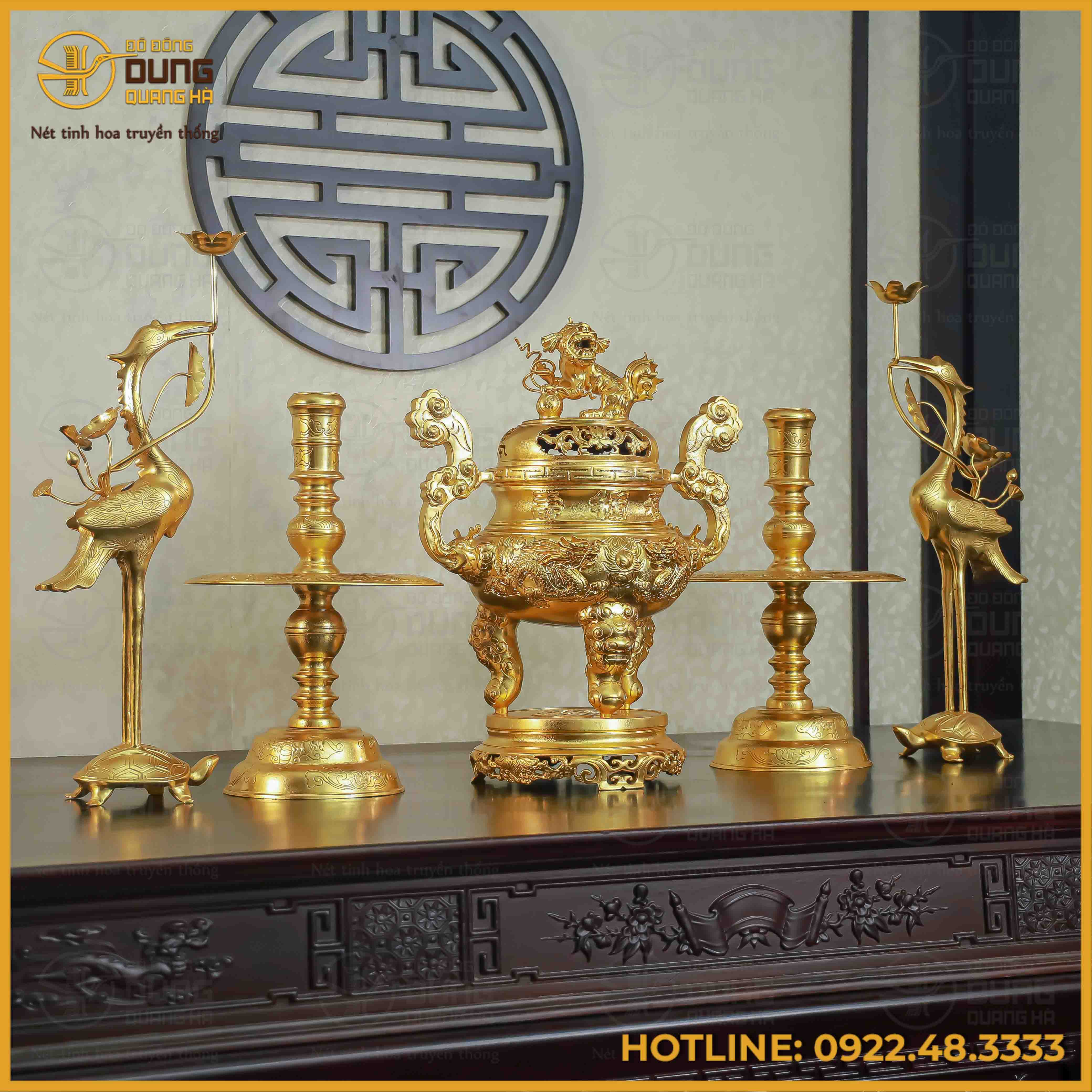 Bộ ngũ sự song long chầu nguyệt đồng đỏ dát vàng cao 60cm