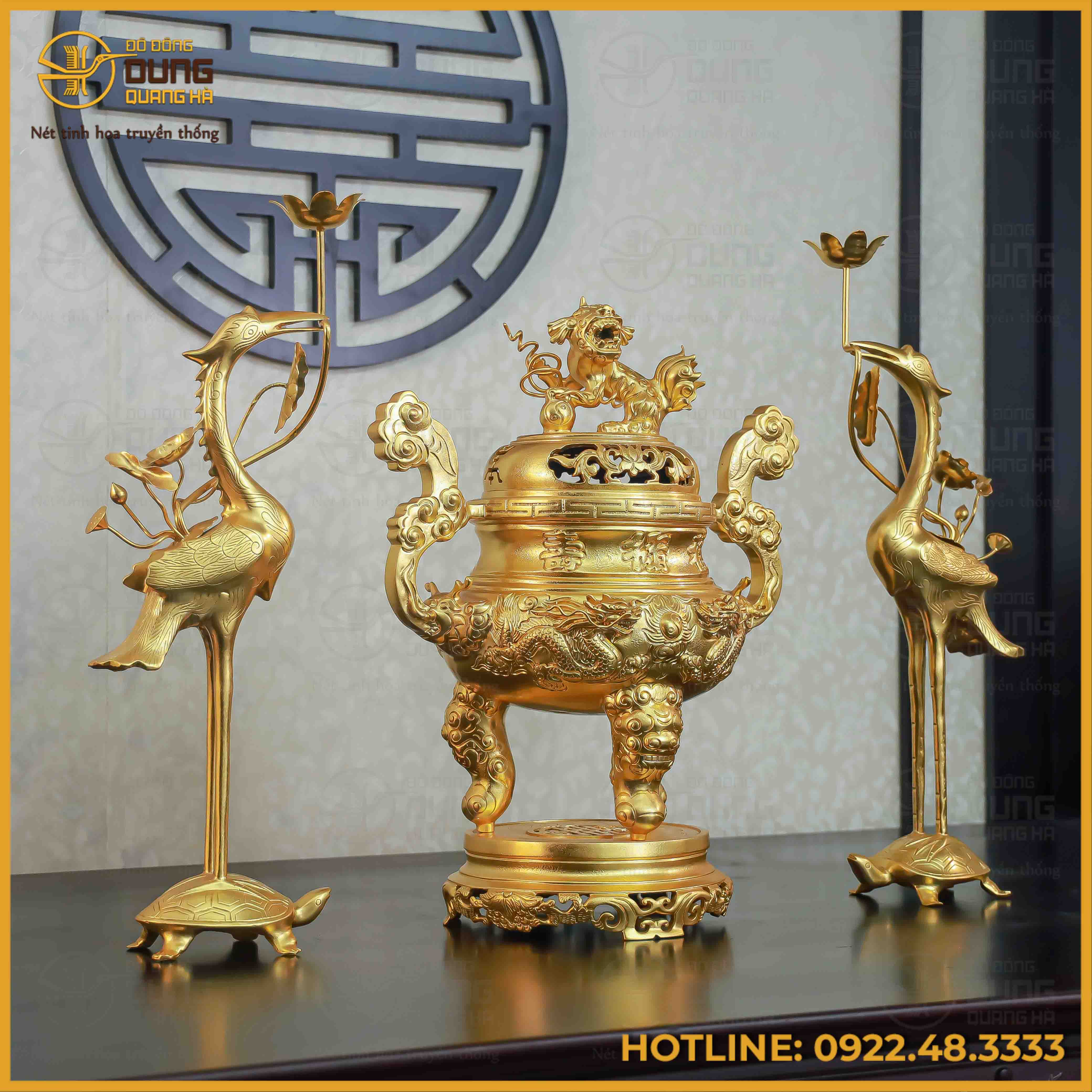 Bộ tam sự hạc song long chầu nguyệt đồng đỏ dát vàng cao 60cm
