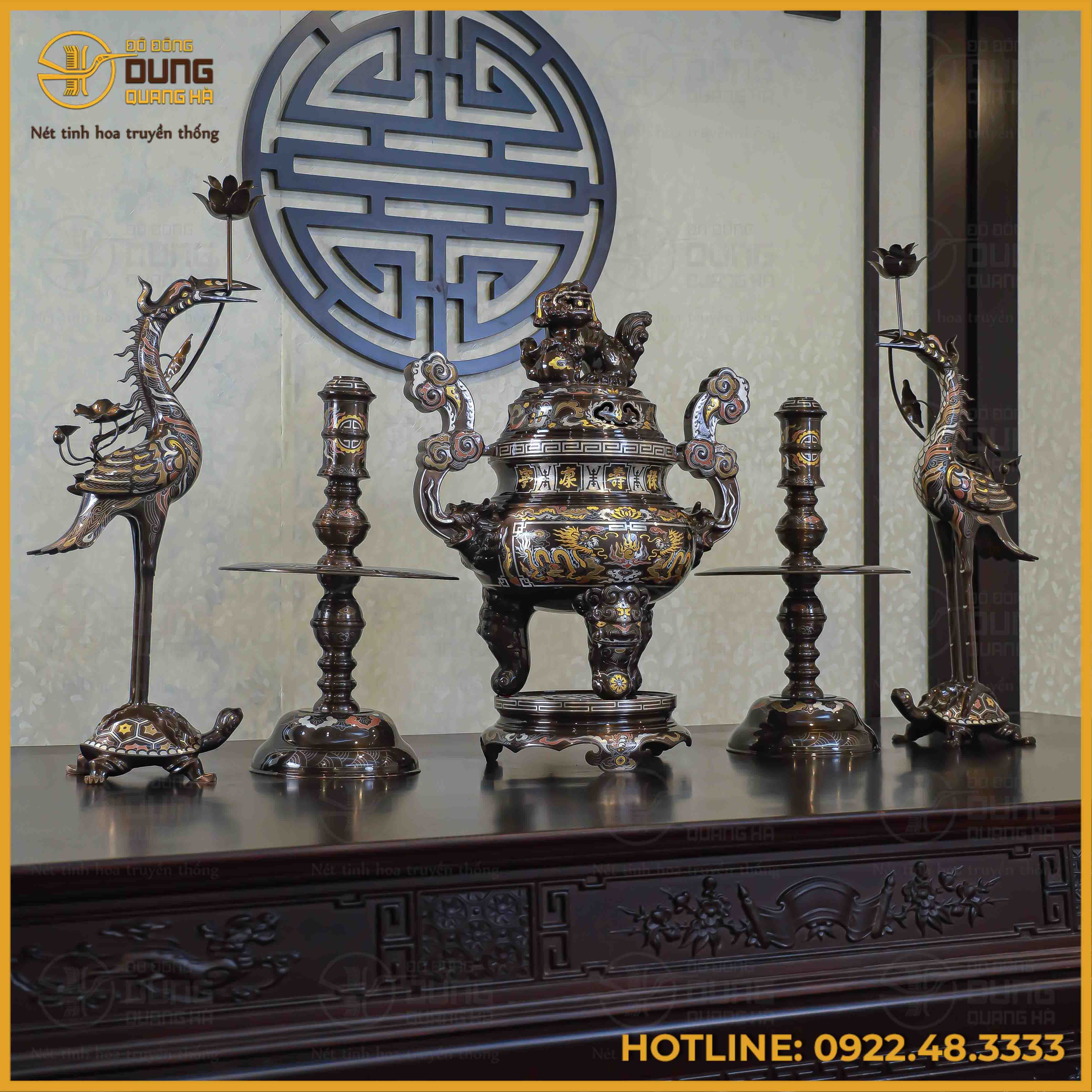 Bộ ngũ sự song long chầu nguyệt đồng đỏ khảm ngũ sắc cao 65cm