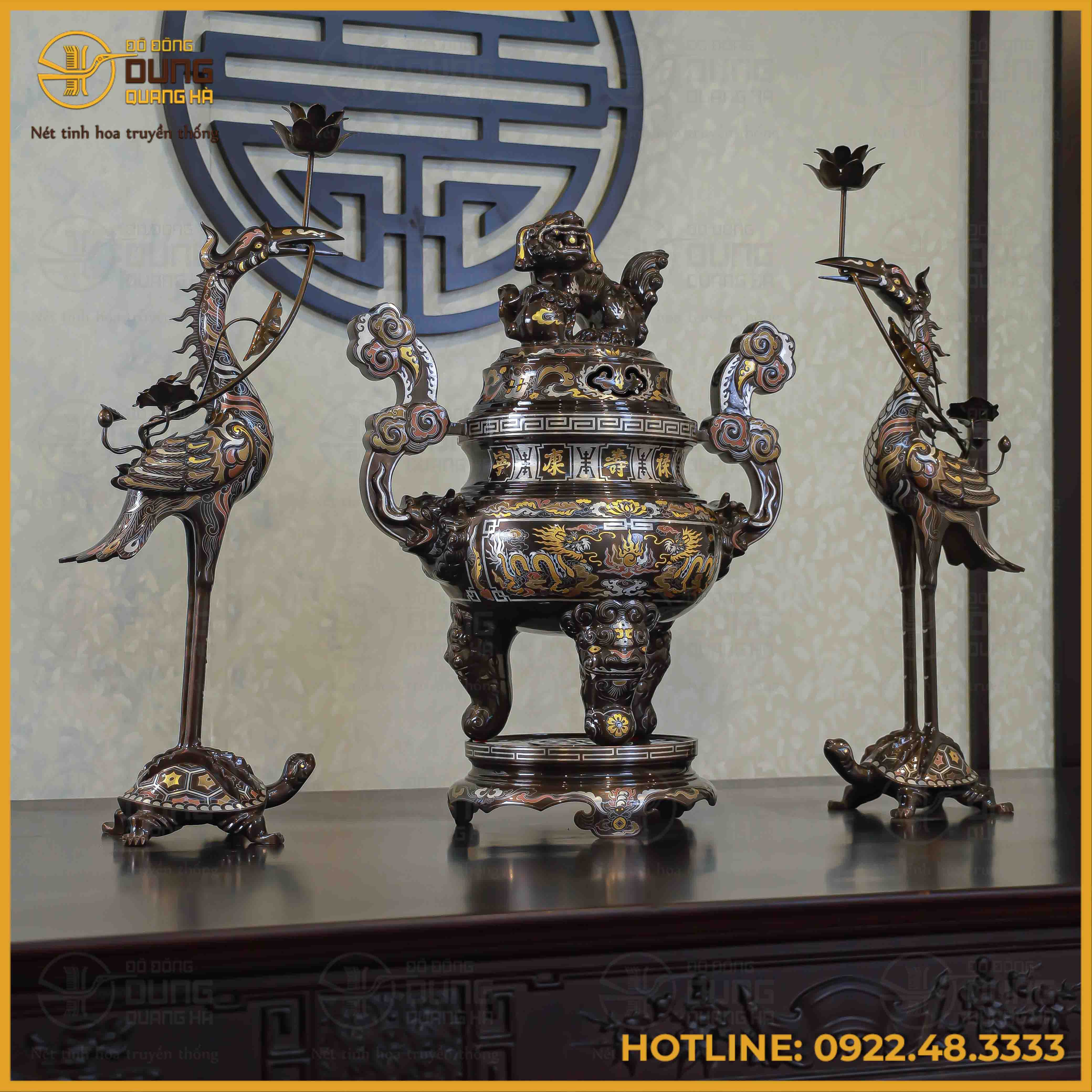 Bộ tam sự hạc song long chầu nguyệt đồng đỏ khảm ngũ sắc cao 65cm