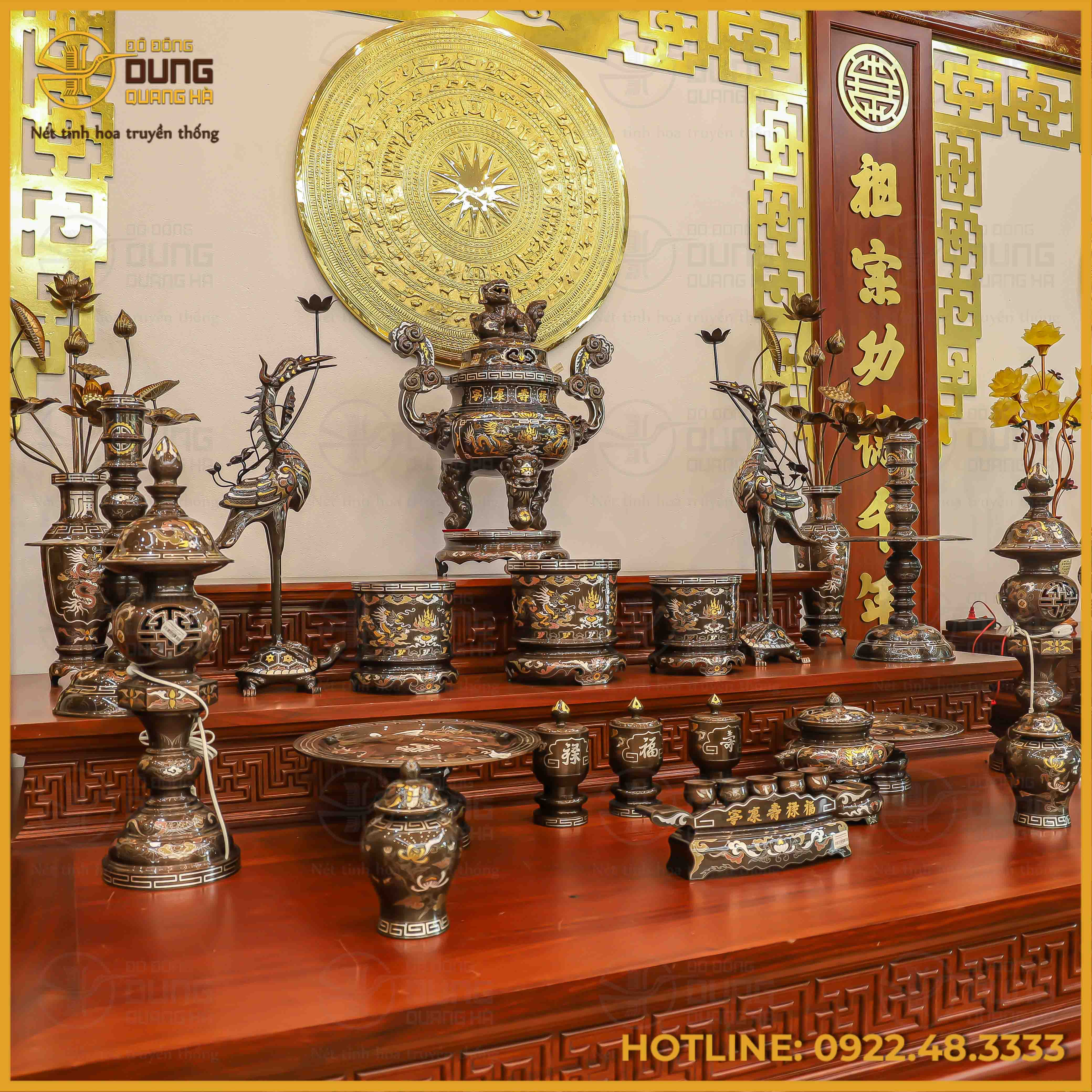 Bộ ngũ sự song long chầu nguyệt đồng đỏ khảm ngũ sắc cao 60cm