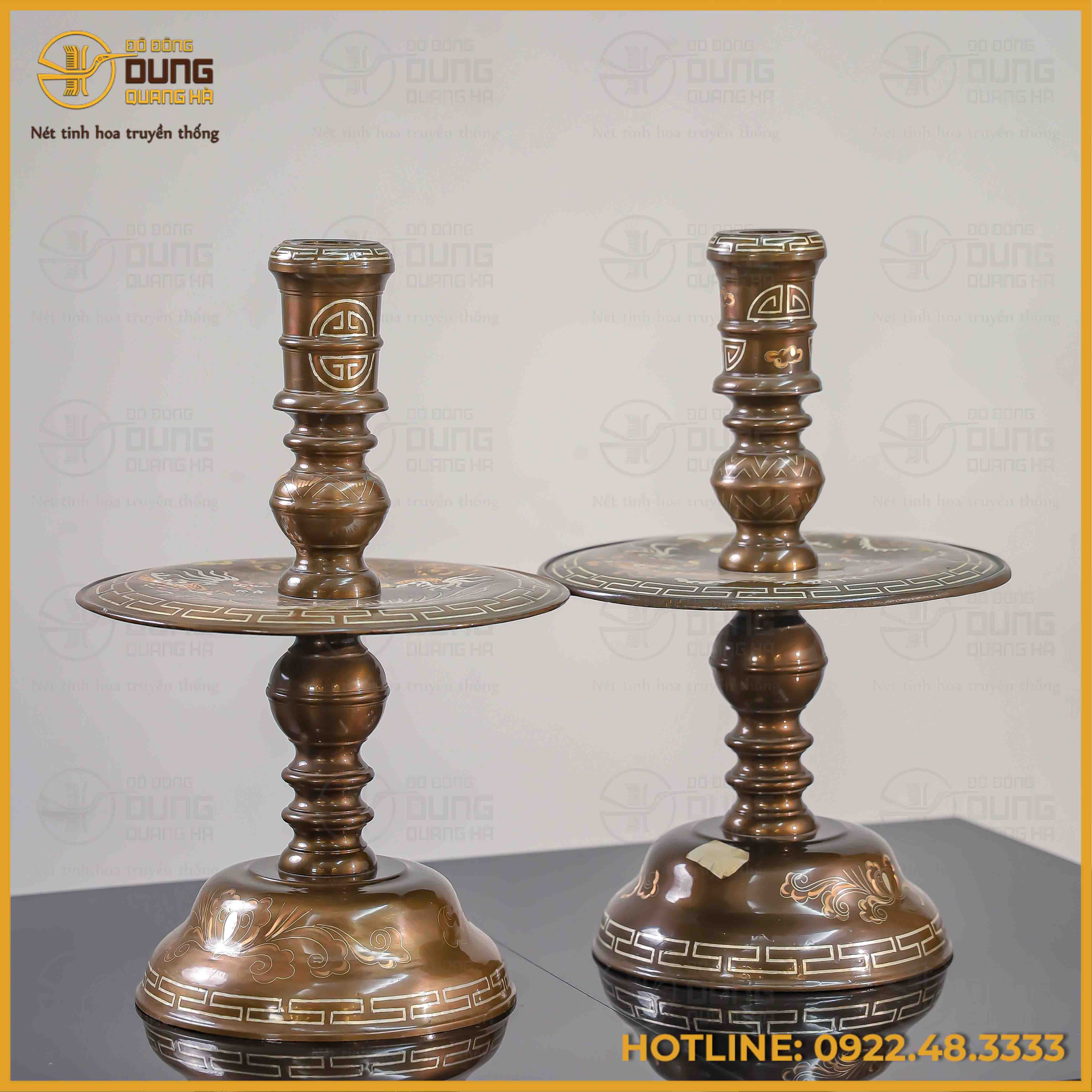 Đôi chân nến long phụng đồng đỏ khảm tam khí cao 50cm