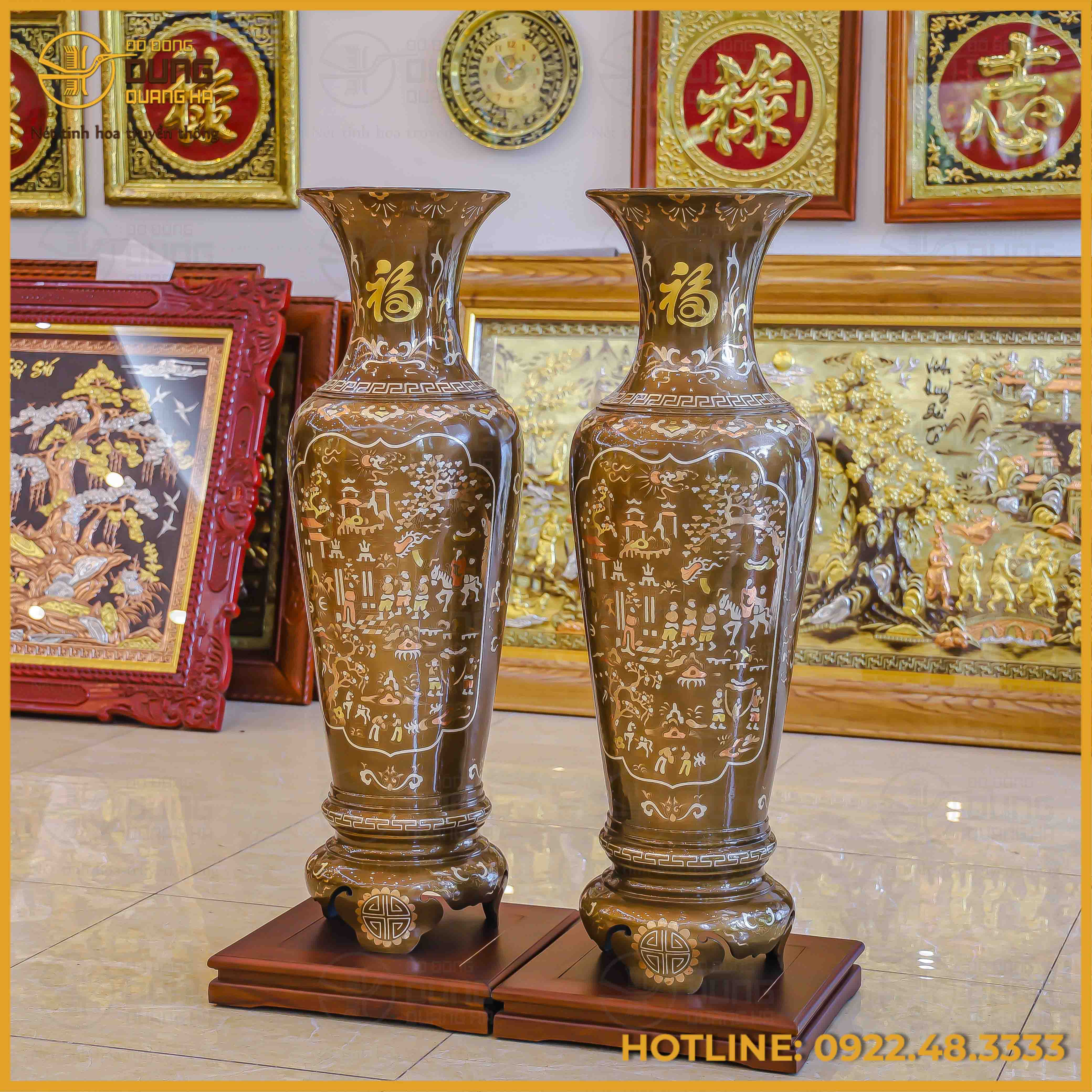 Đôi lọ lộc bình đồng đỏ khảm tam khí thường cao 1m2