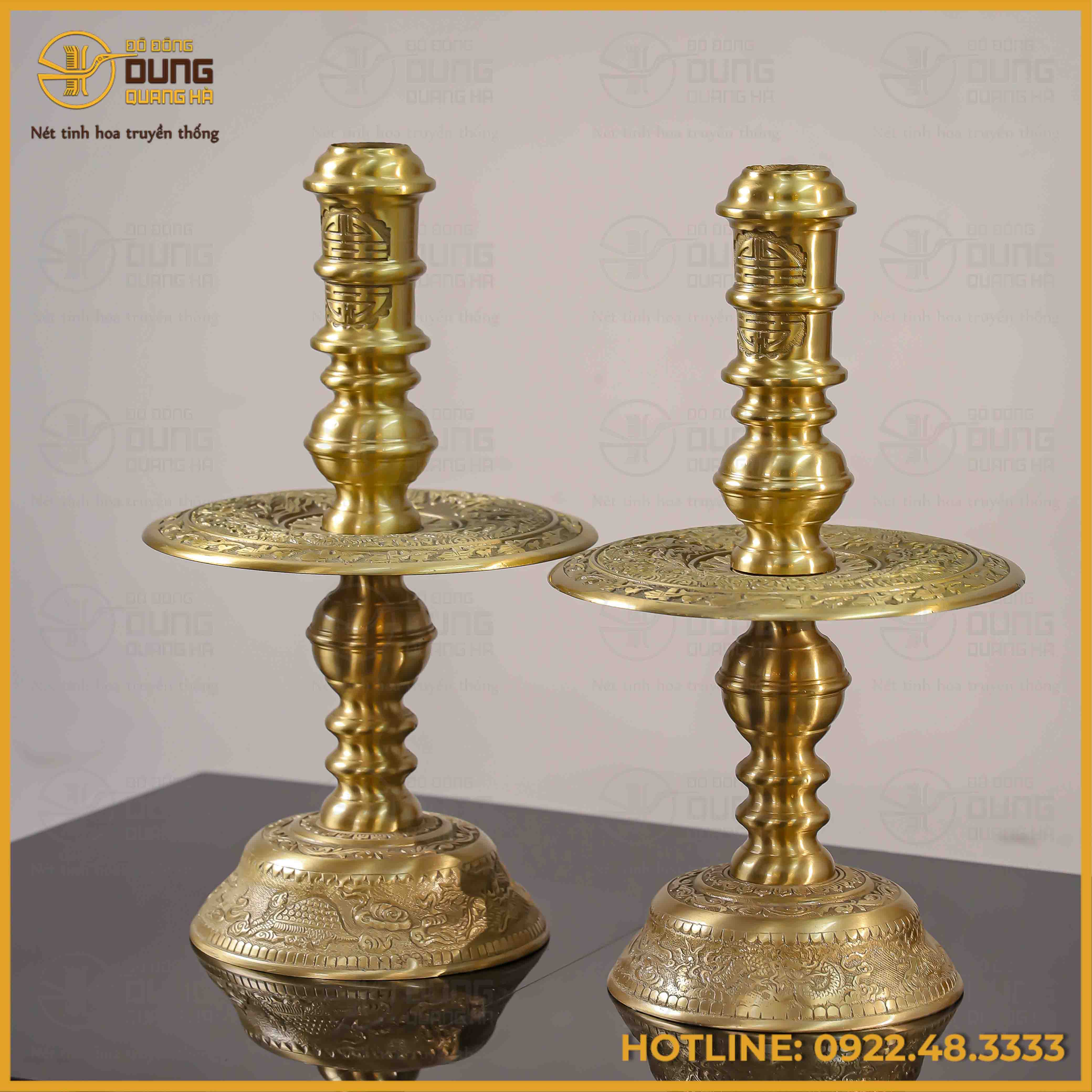 Đôi nến song long đồng vàng mộc cao 50cm