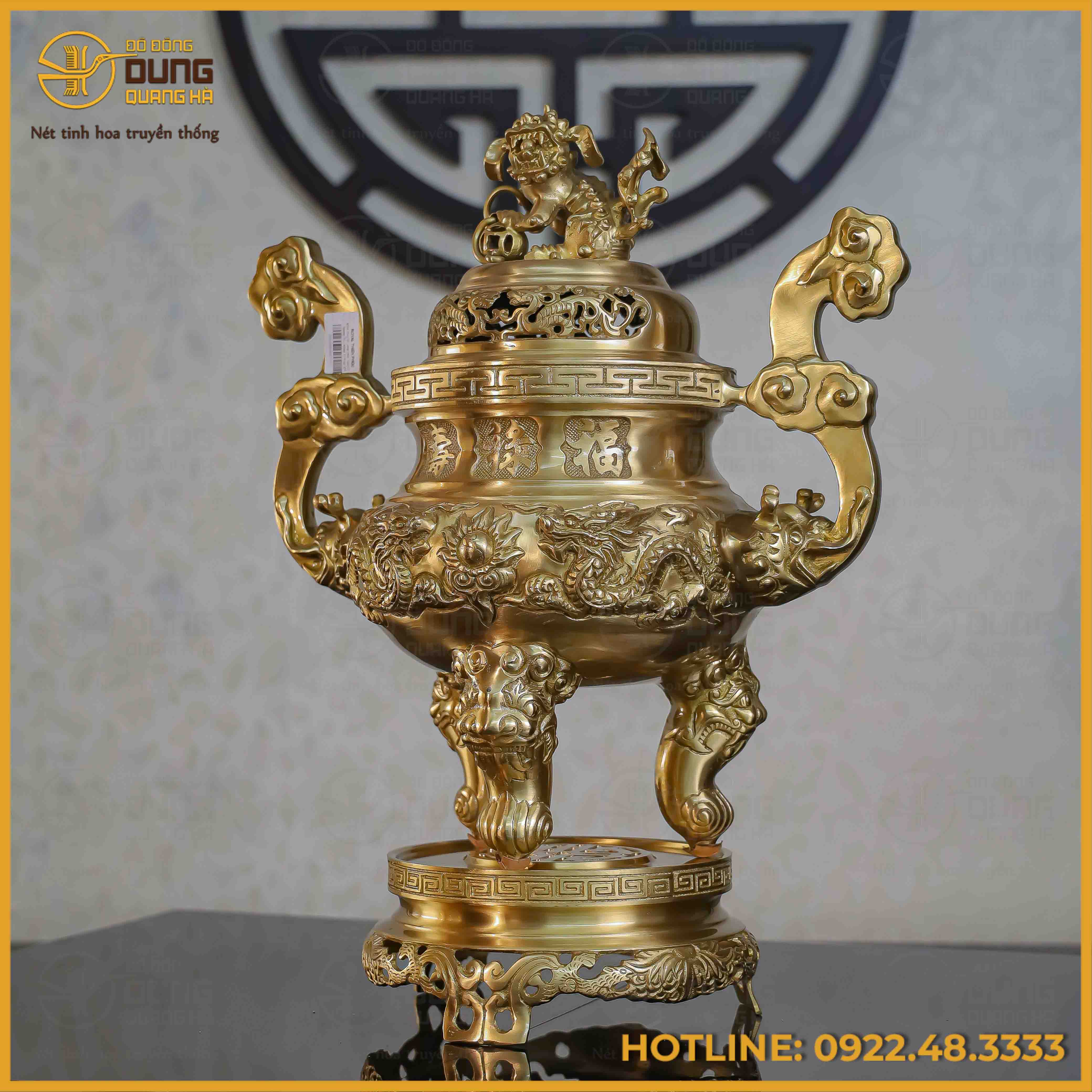 Đỉnh song long chầu nguyệt đồng vàng mộc cao 50cm