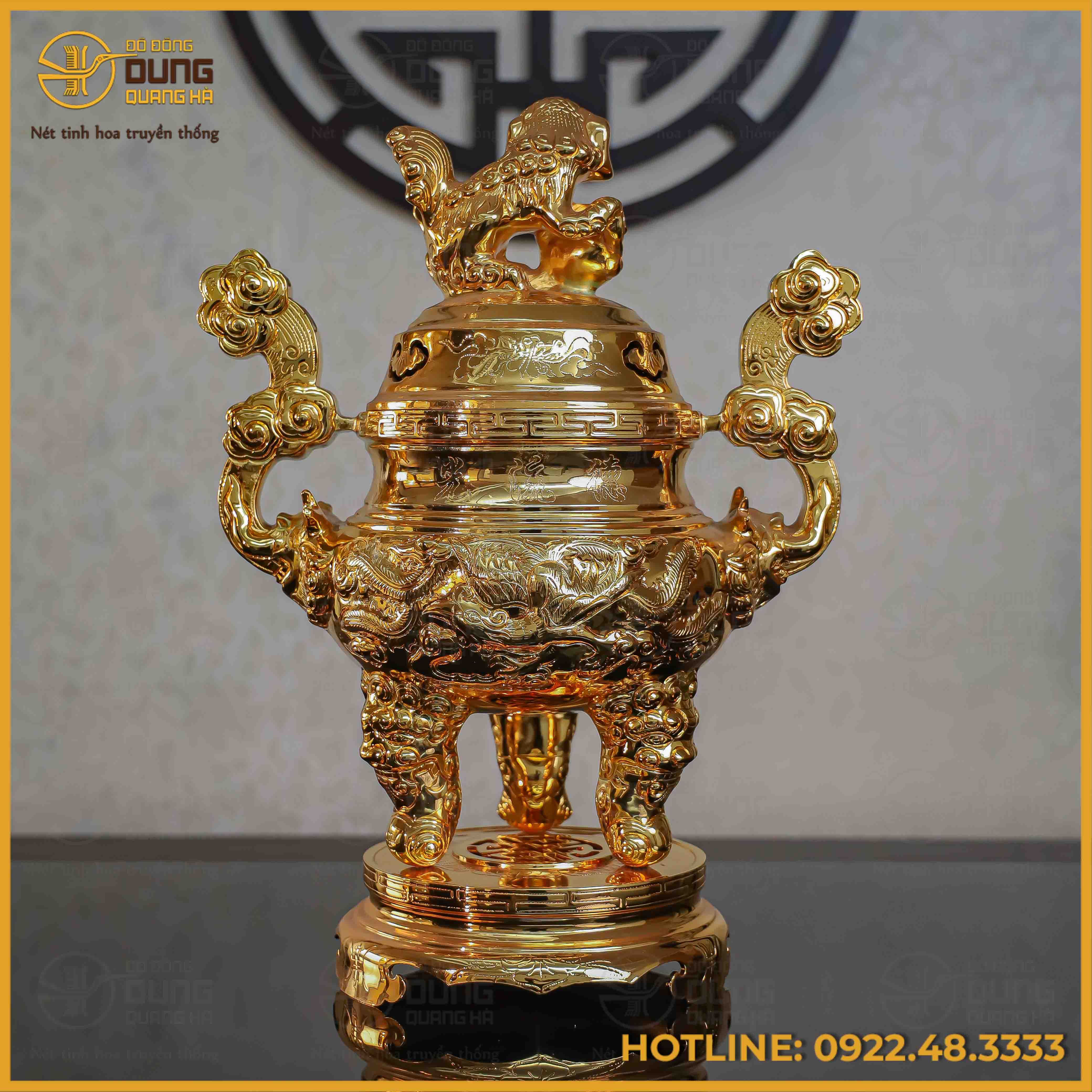 Đỉnh song long chầu nguyệt đồng đỏ mạ vàng tĩnh điện cao 50cm