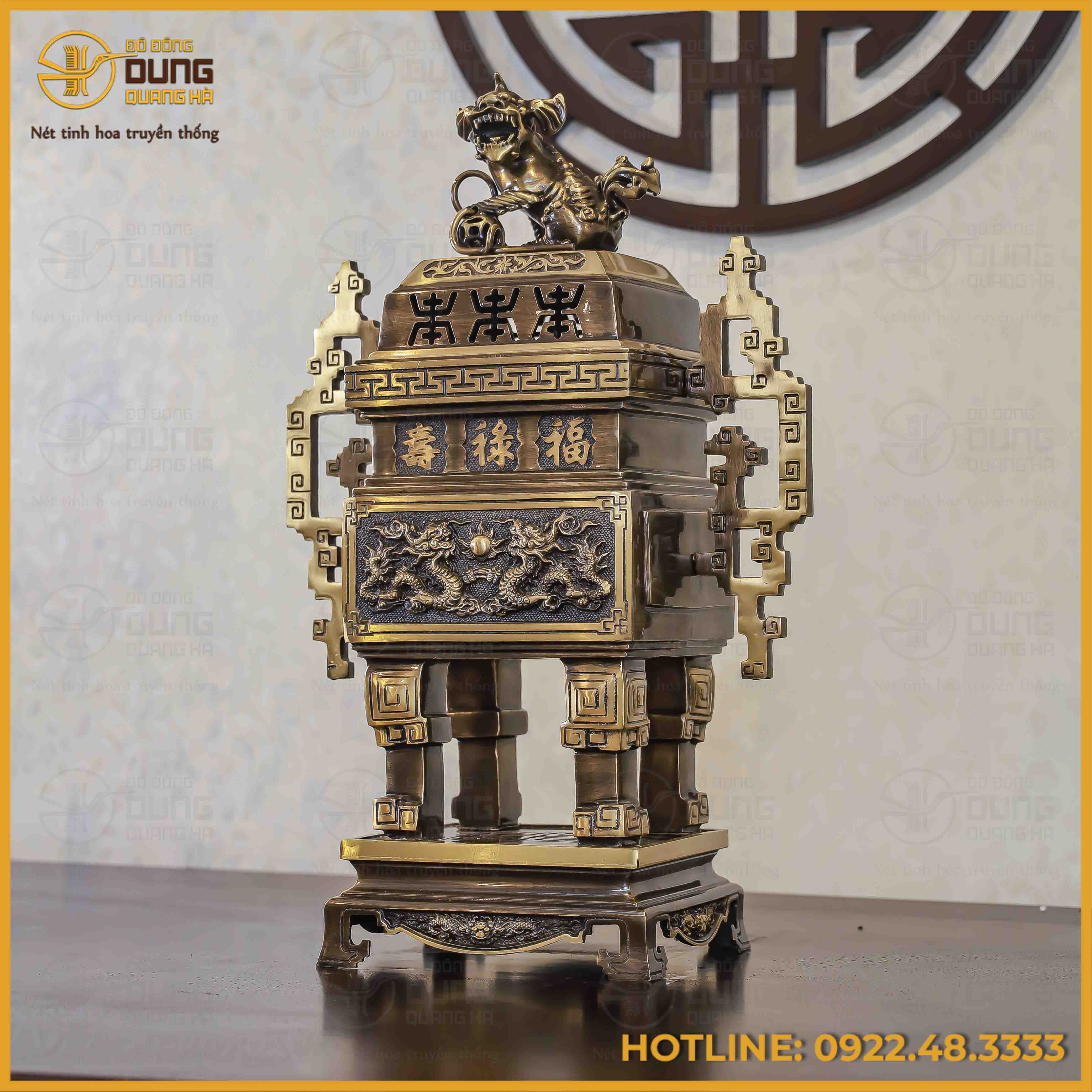 Đỉnh vuông song long chầu nguyệt đồng vàng hai công nghệ cao 65cm