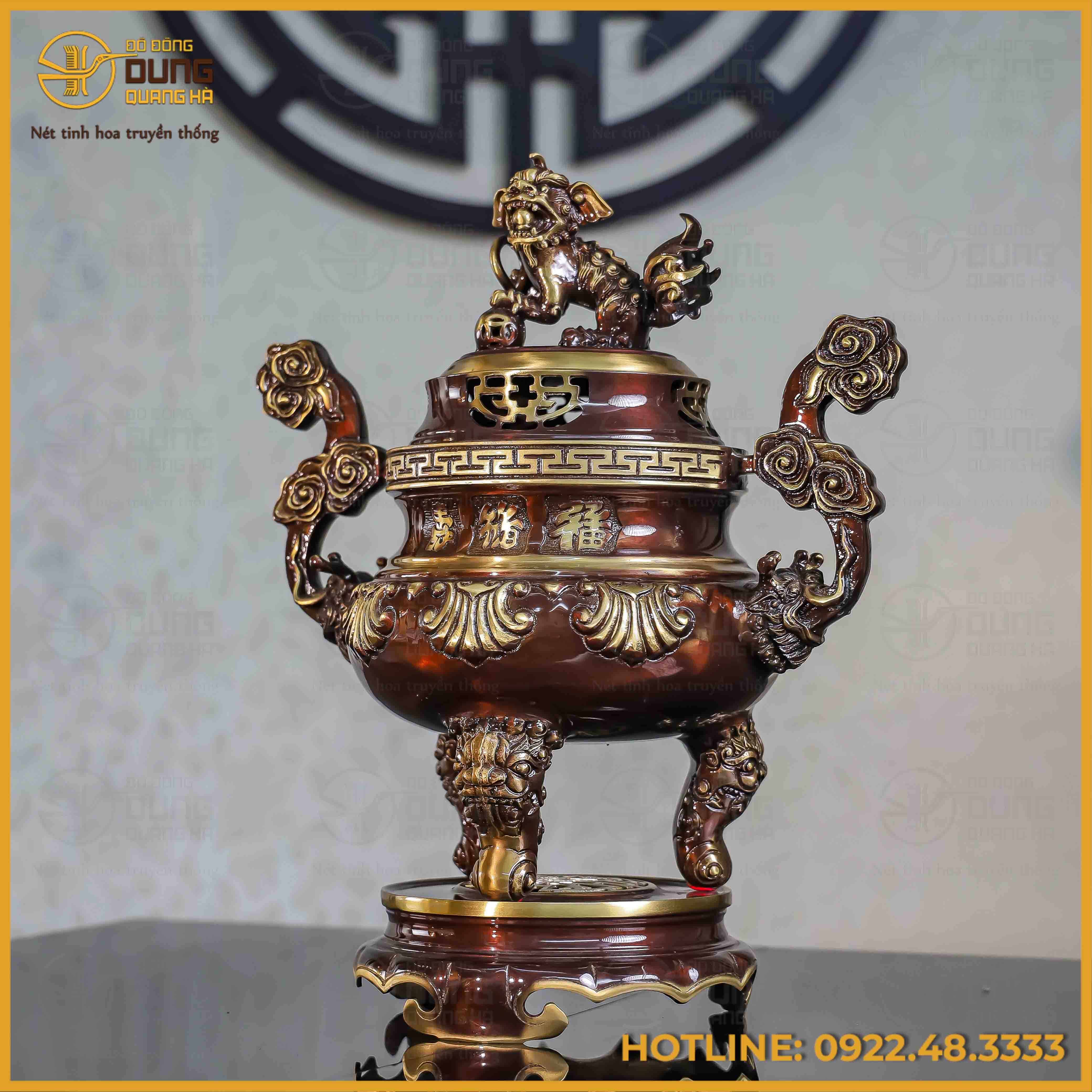 Đỉnh chạm sòi đồng vàng hai lai cao 45cm