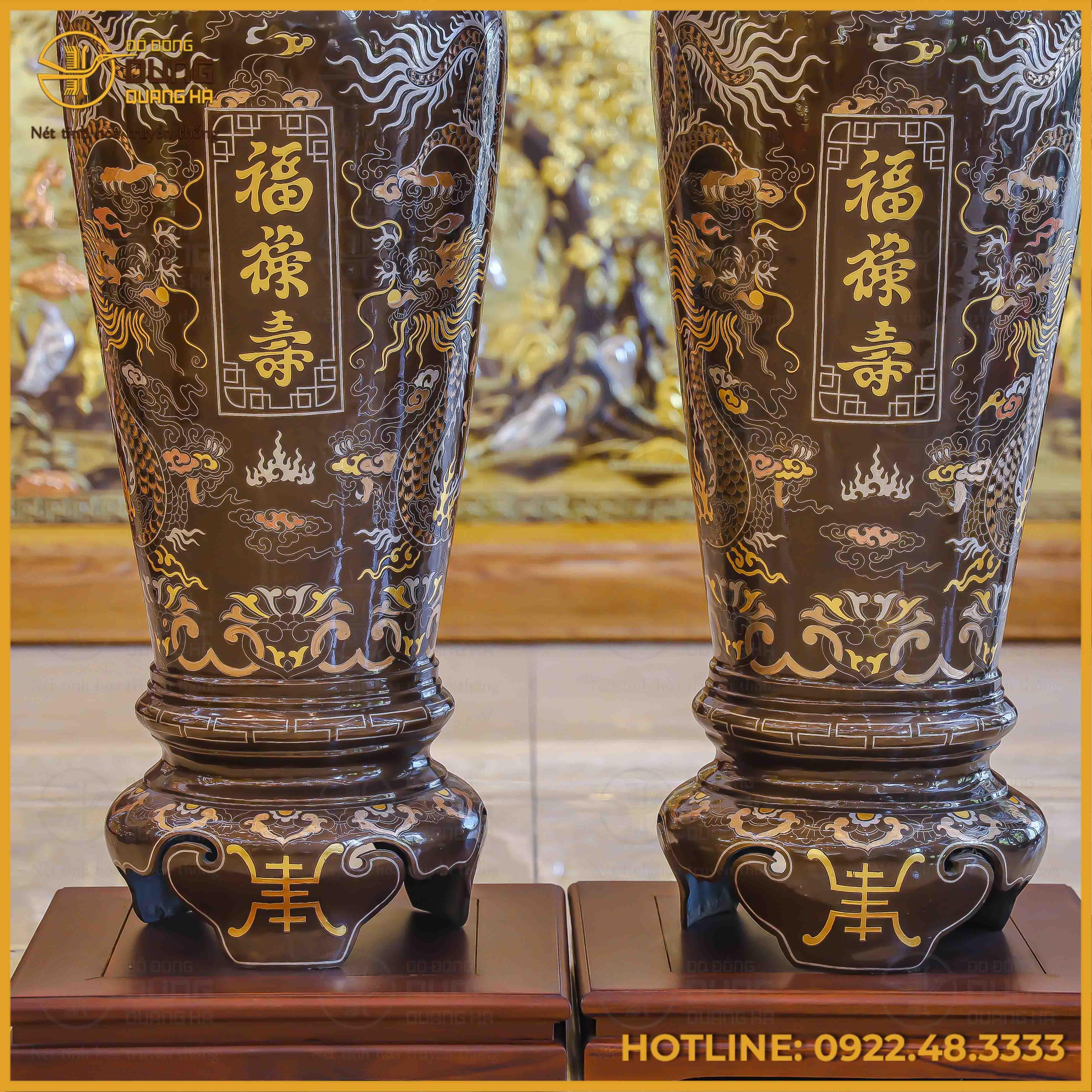 Đôi lọ lộc bình đồng đỏ khảm tam khí dát điểm vàng cao 1m2