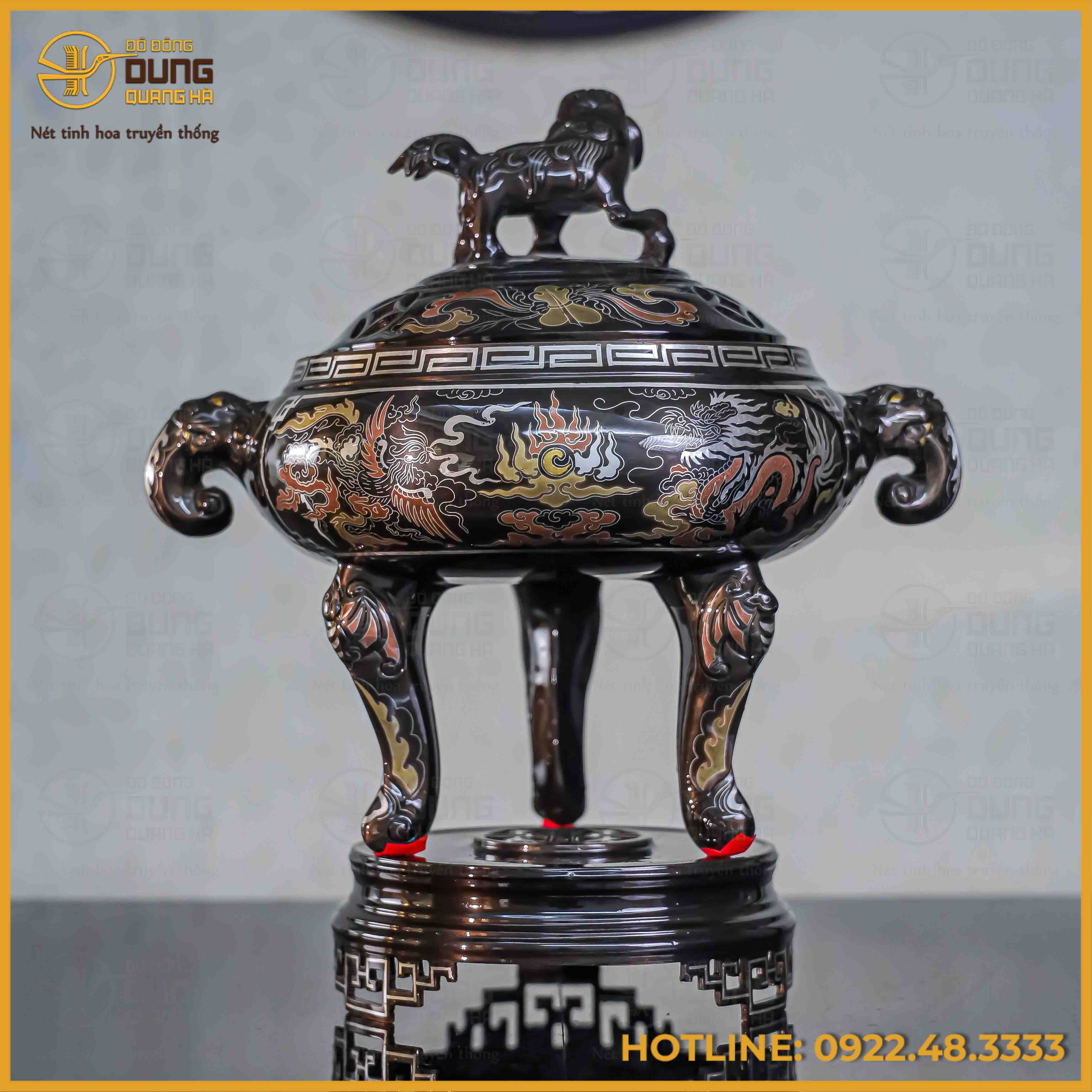 Lư đỉnh đốt trầm đồng đỏ khảm ngũ sắc cao 35cm