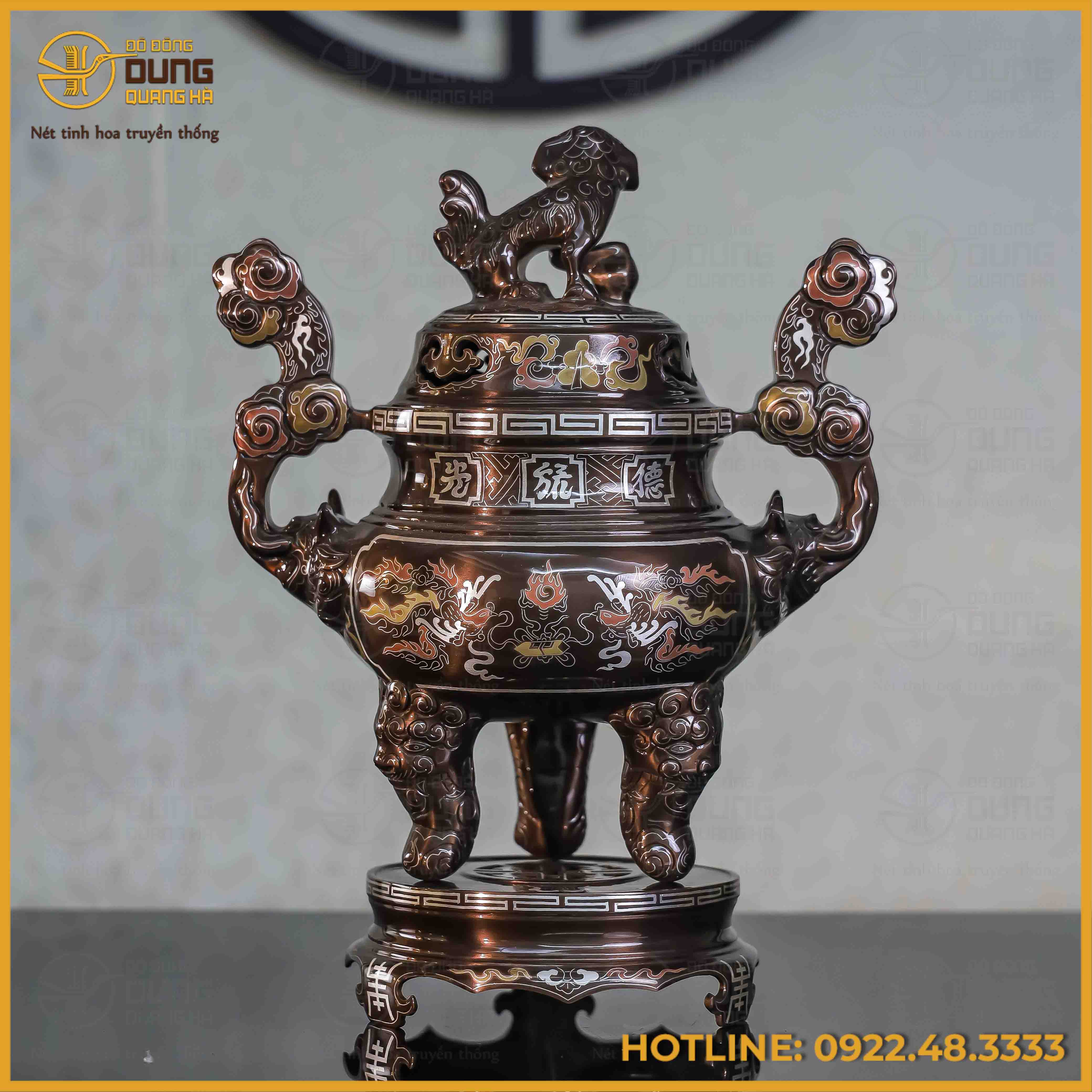 Đỉnh song long chầu nguyệt đồng đỏ khảm ngũ sắc cao 40cm
