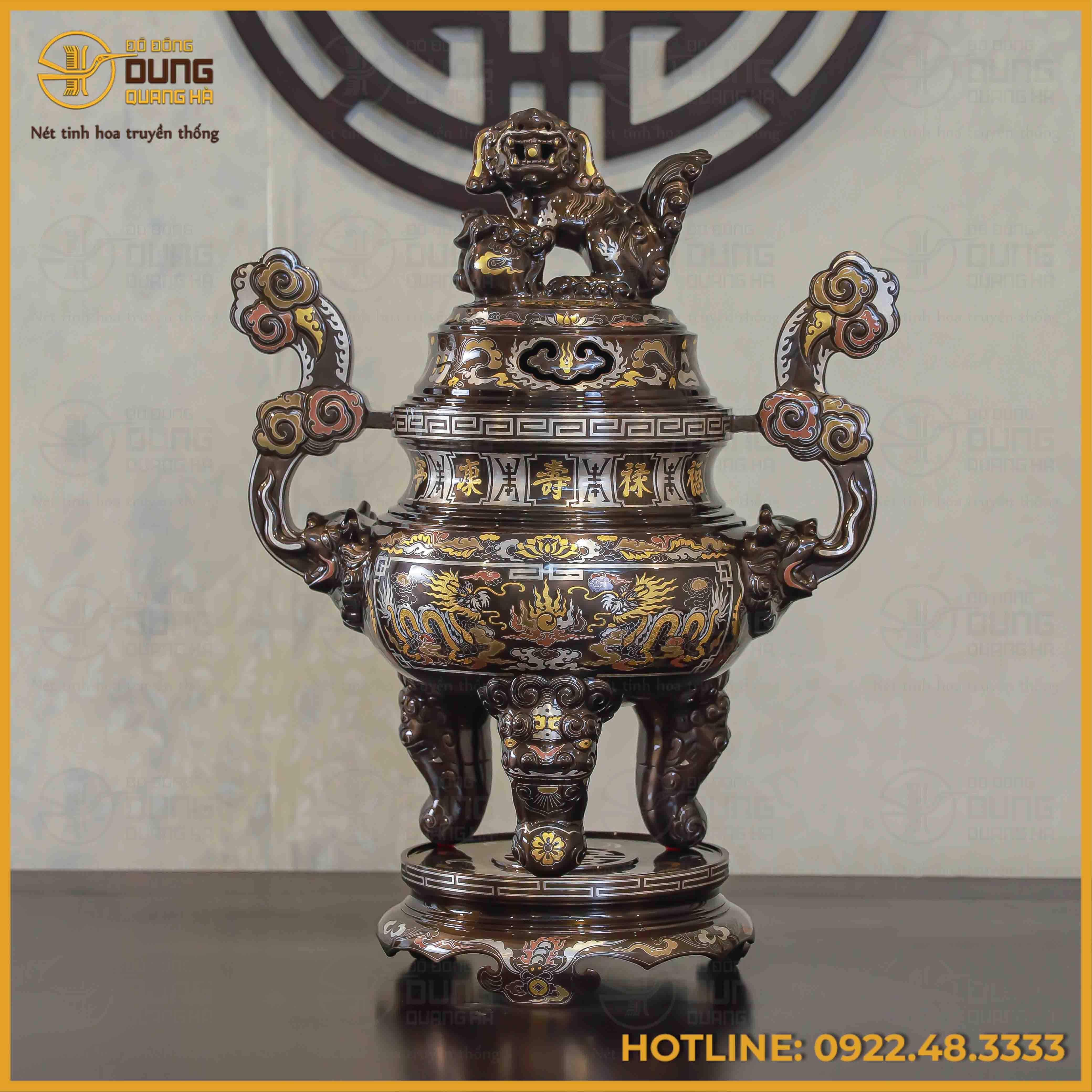 Đỉnh song long chầu nguyệt đồng đỏ khảm ngũ sắc cao 65cm