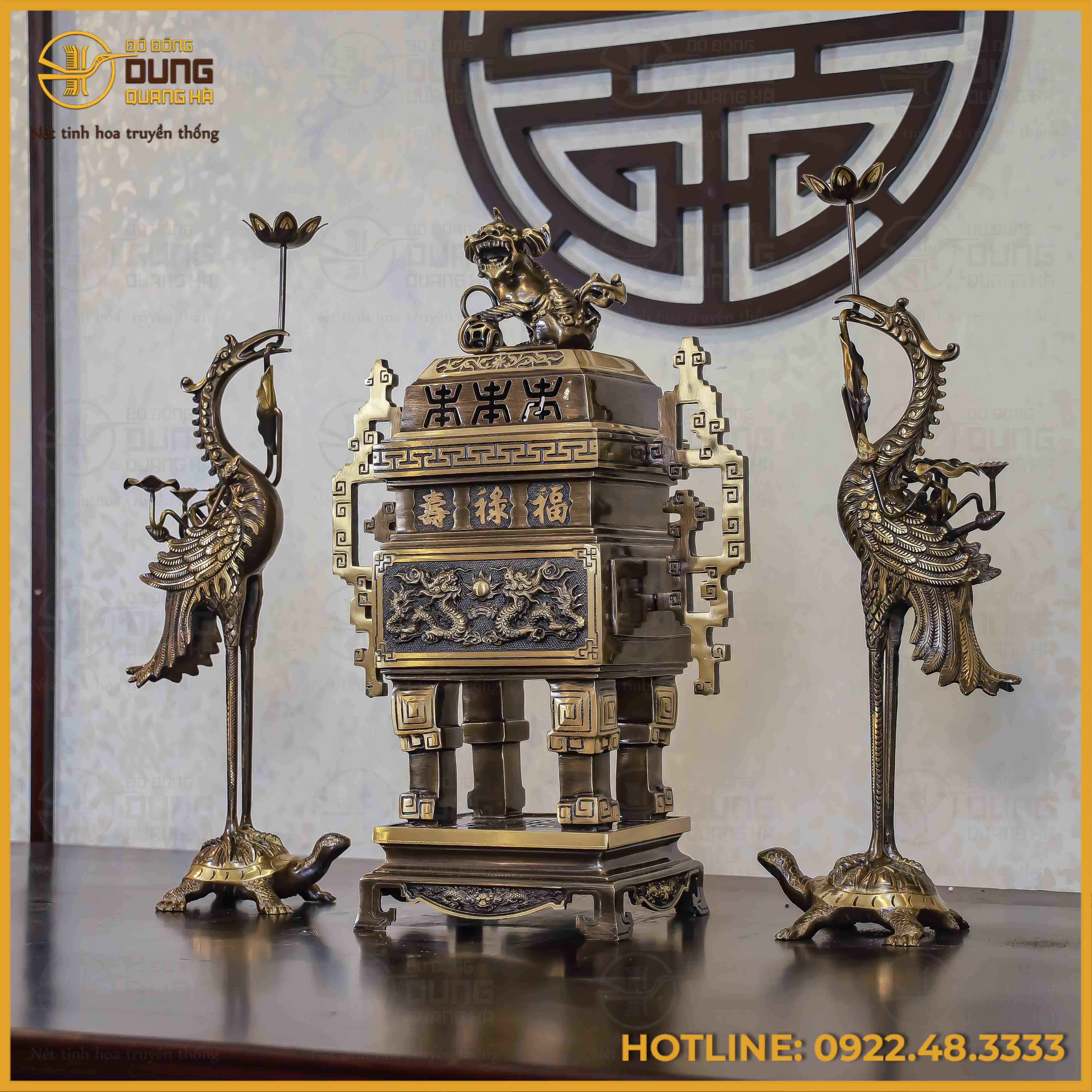 Bộ tam sự hạc đỉnh vuông song long chầu nguyệt đồng vàng hai công nghệ cao 65cm