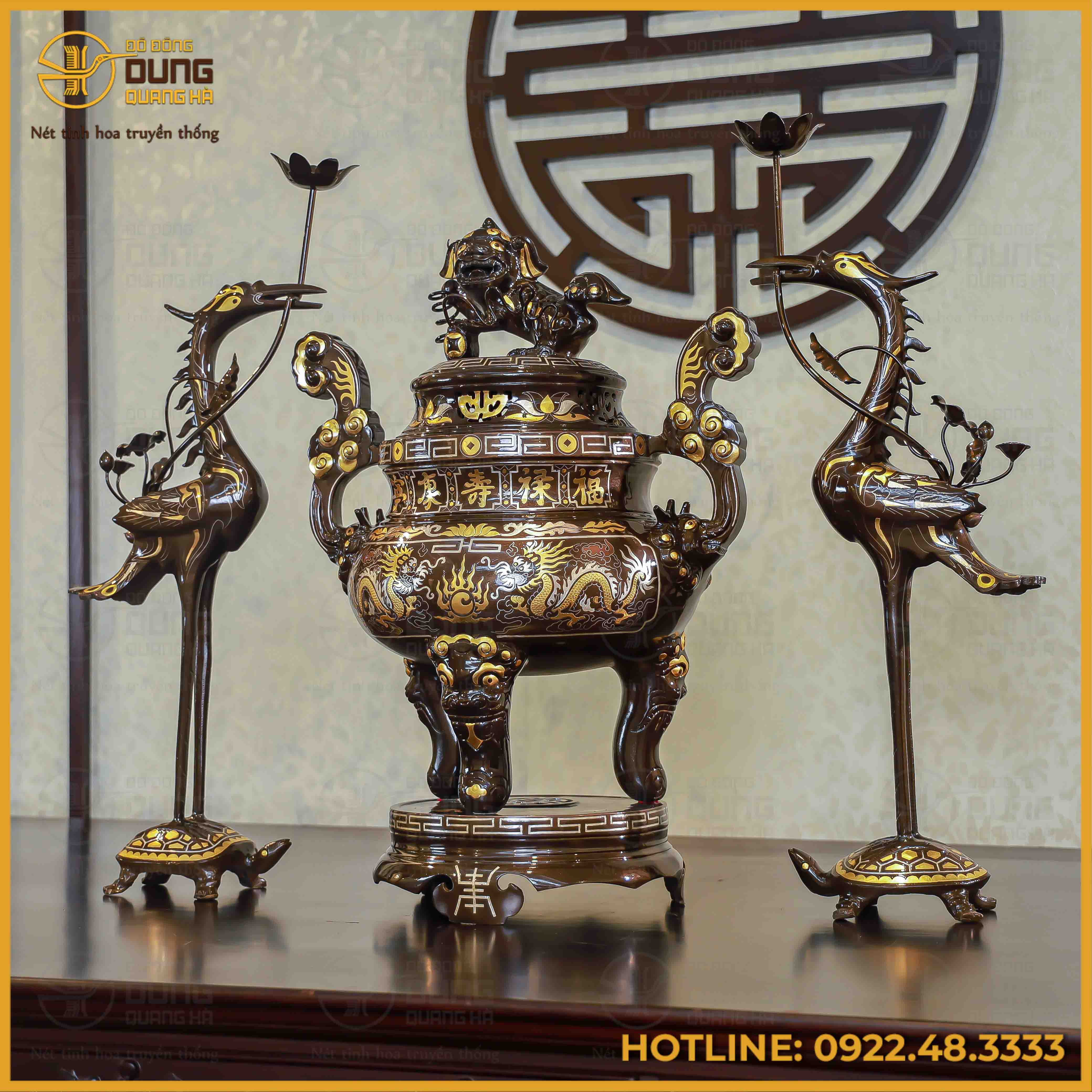 Bộ tam sự hạc song long chầu nguyệt đồng đỏ khảm tam khí dát điểm vàng cao 60cm