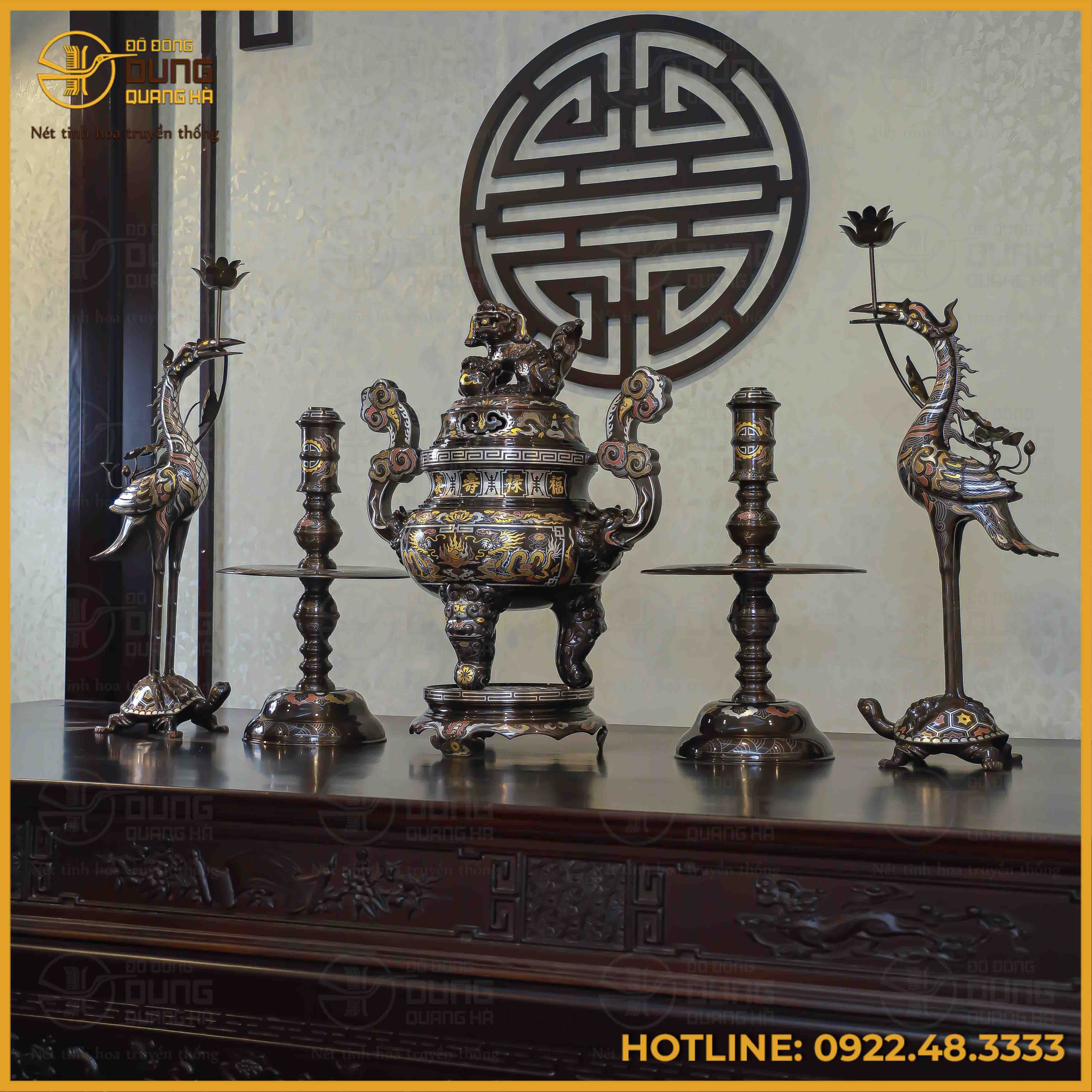 Bộ ngũ sự song long chầu nguyệt đồng đỏ khảm ngũ sắc cao 65cm
