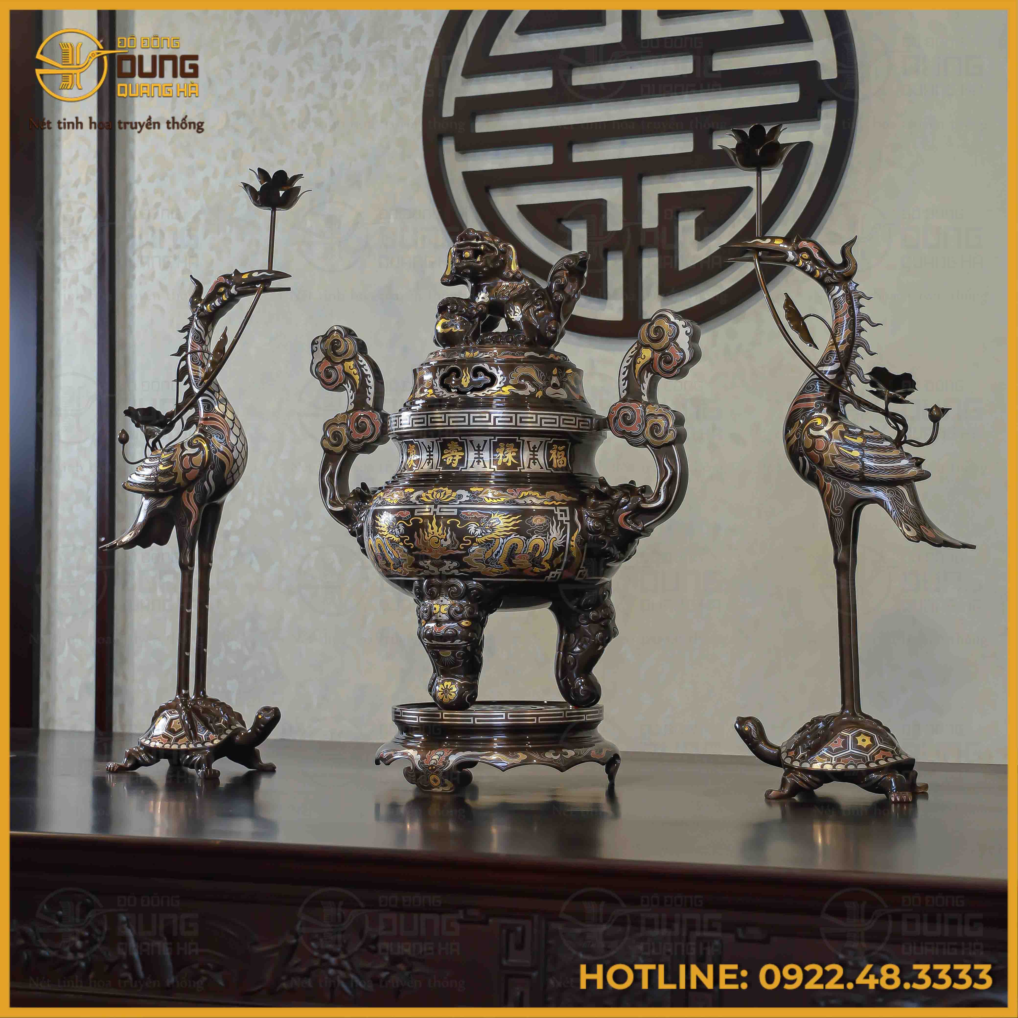 Bộ tam sự hạc song long chầu nguyệt đồng đỏ khảm ngũ sắc cao 65cm