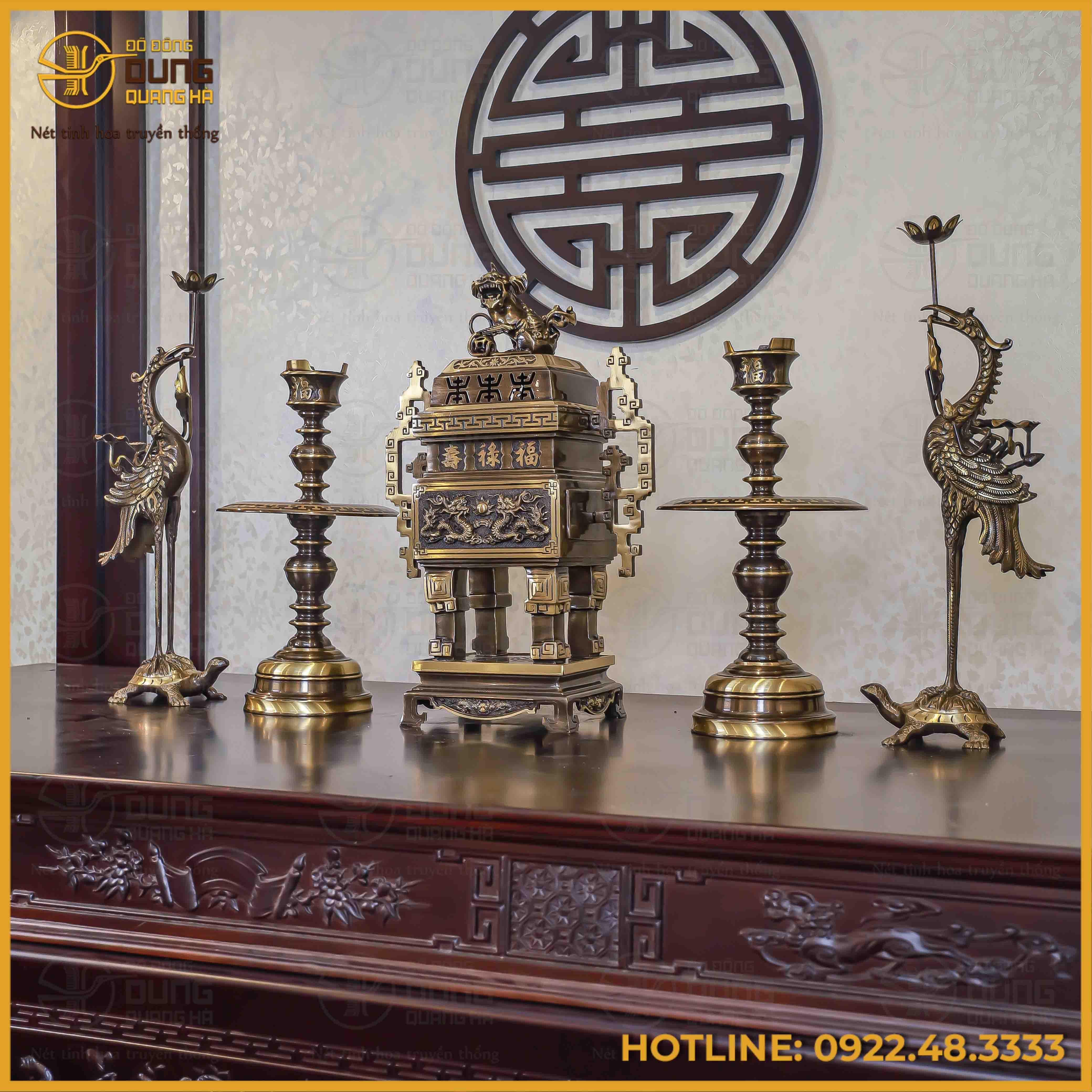 Bộ ngũ sự đỉnh vuông song long chầu nguyệt đồng vàng hai công nghệ cao 65cm