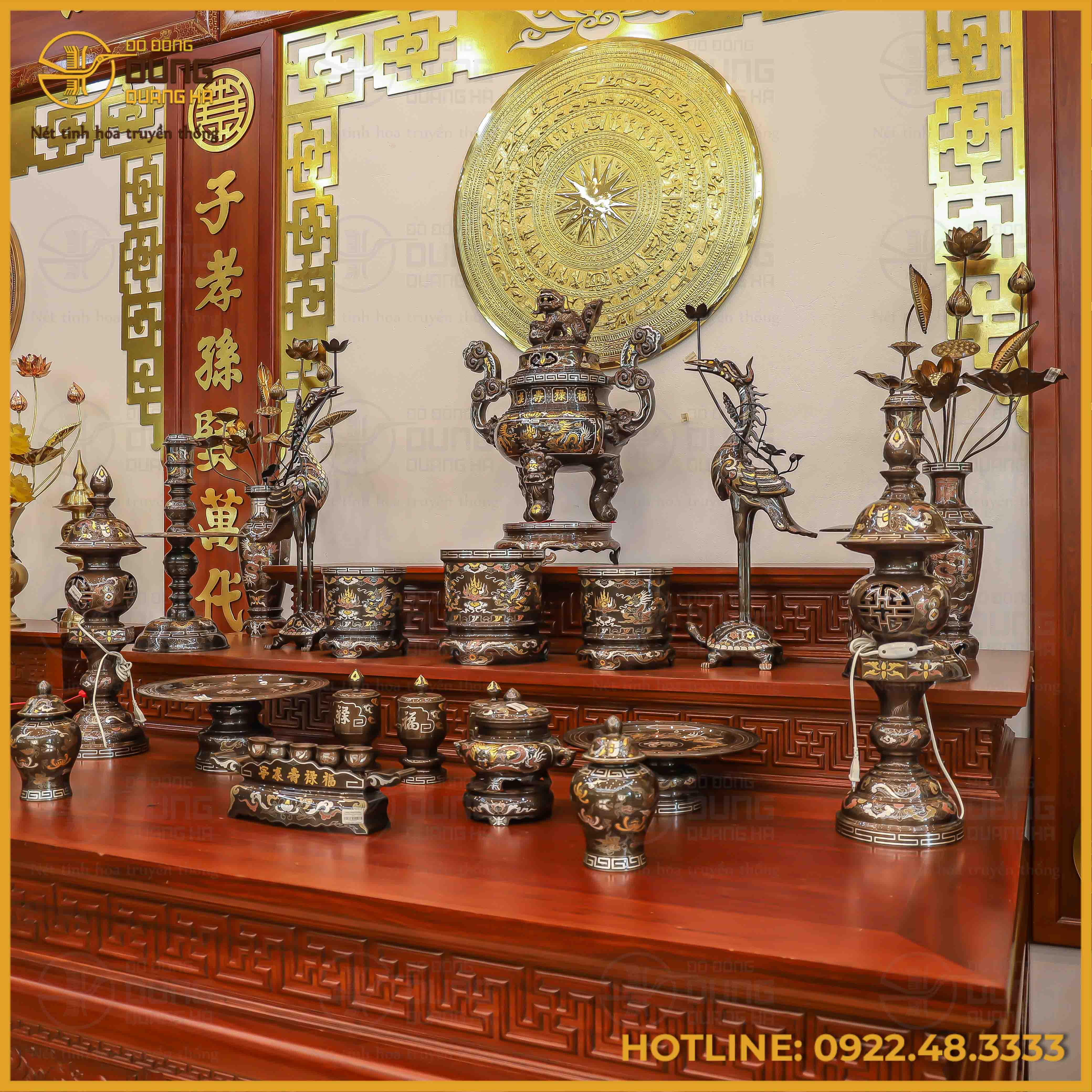Bộ ngũ sự song long chầu nguyệt đồng đỏ khảm ngũ sắc cao 60cm