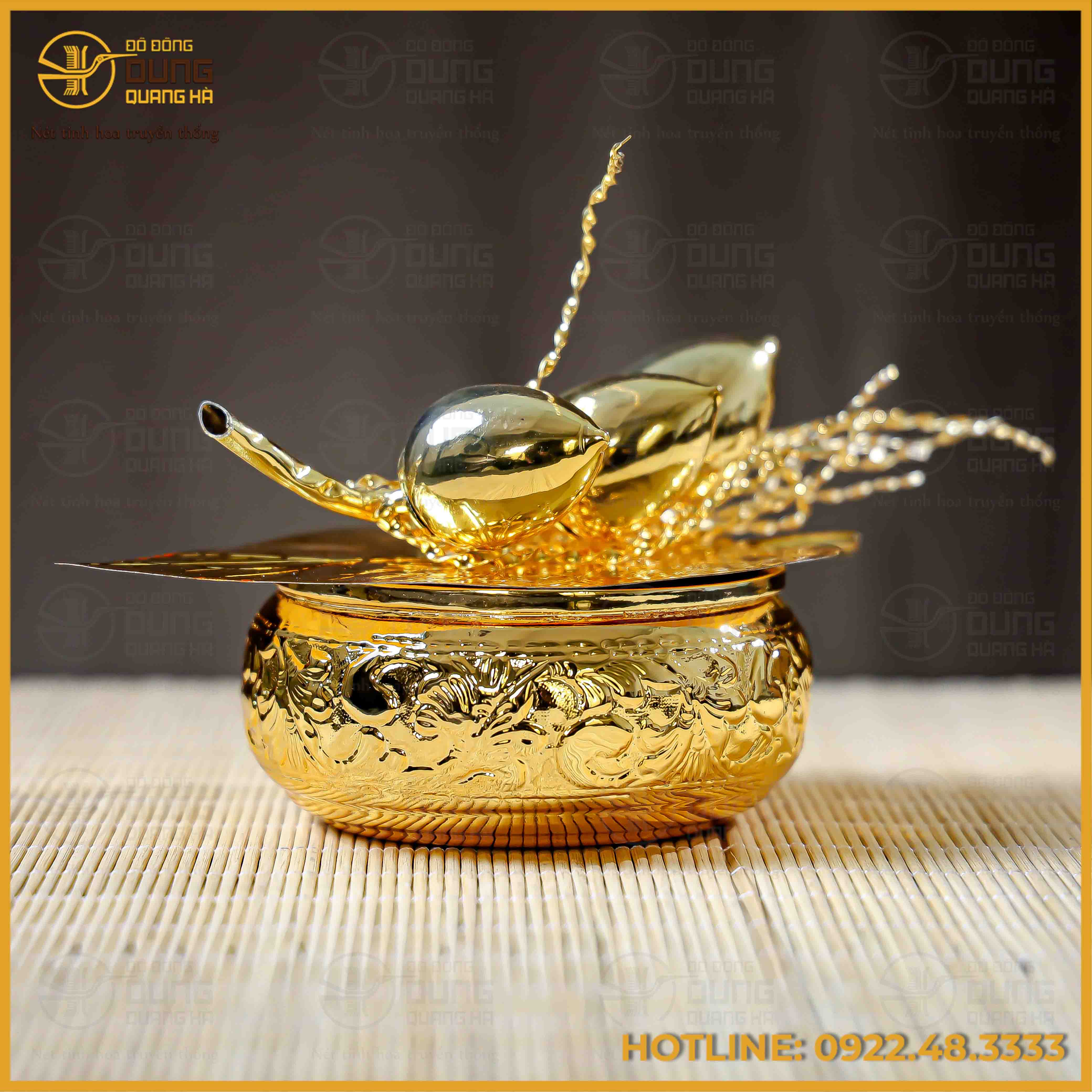 Bộ cơi trầu 5 quả đồng vàng mạ vàng 24K