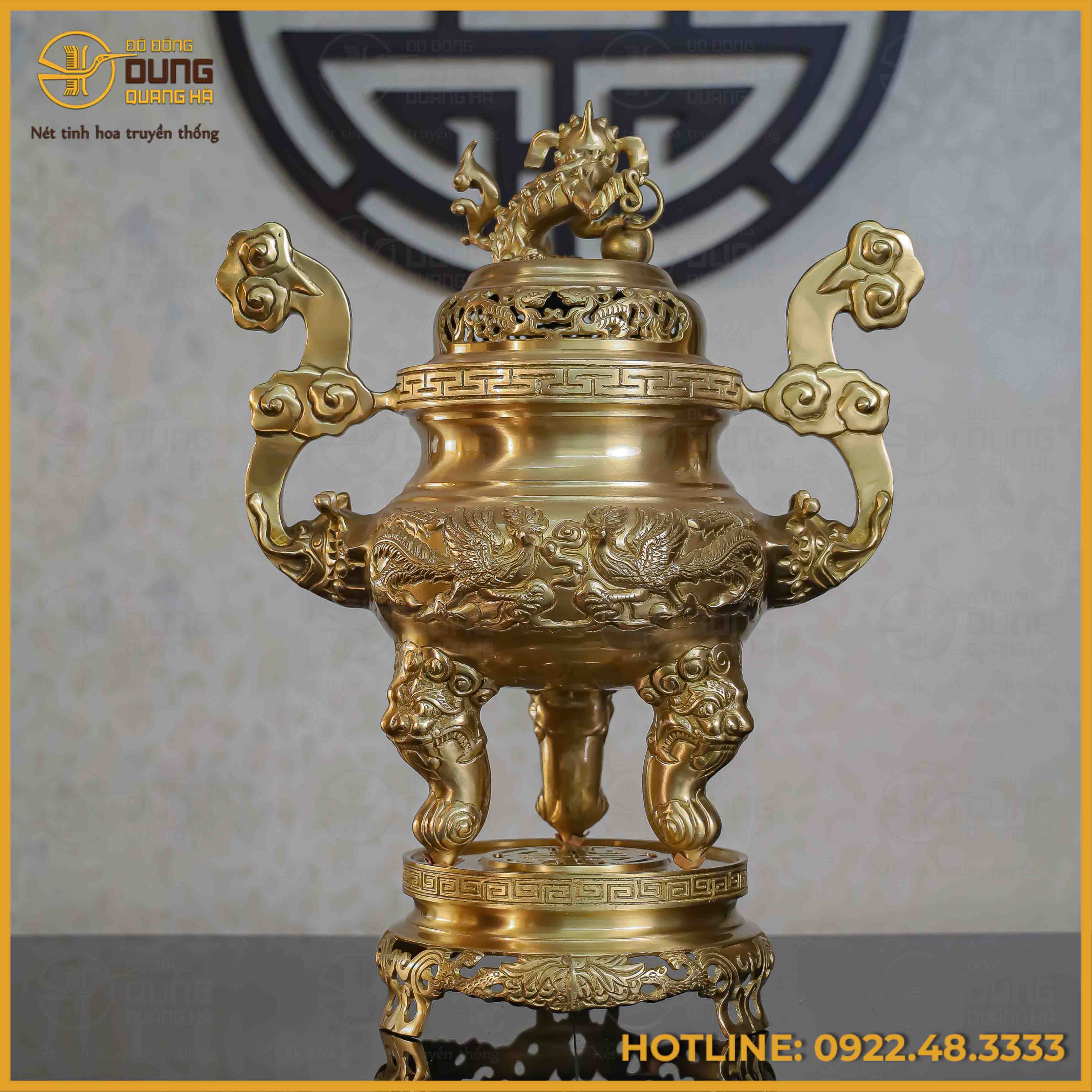 Đỉnh song long chầu nguyệt đồng vàng mộc cao 50cm