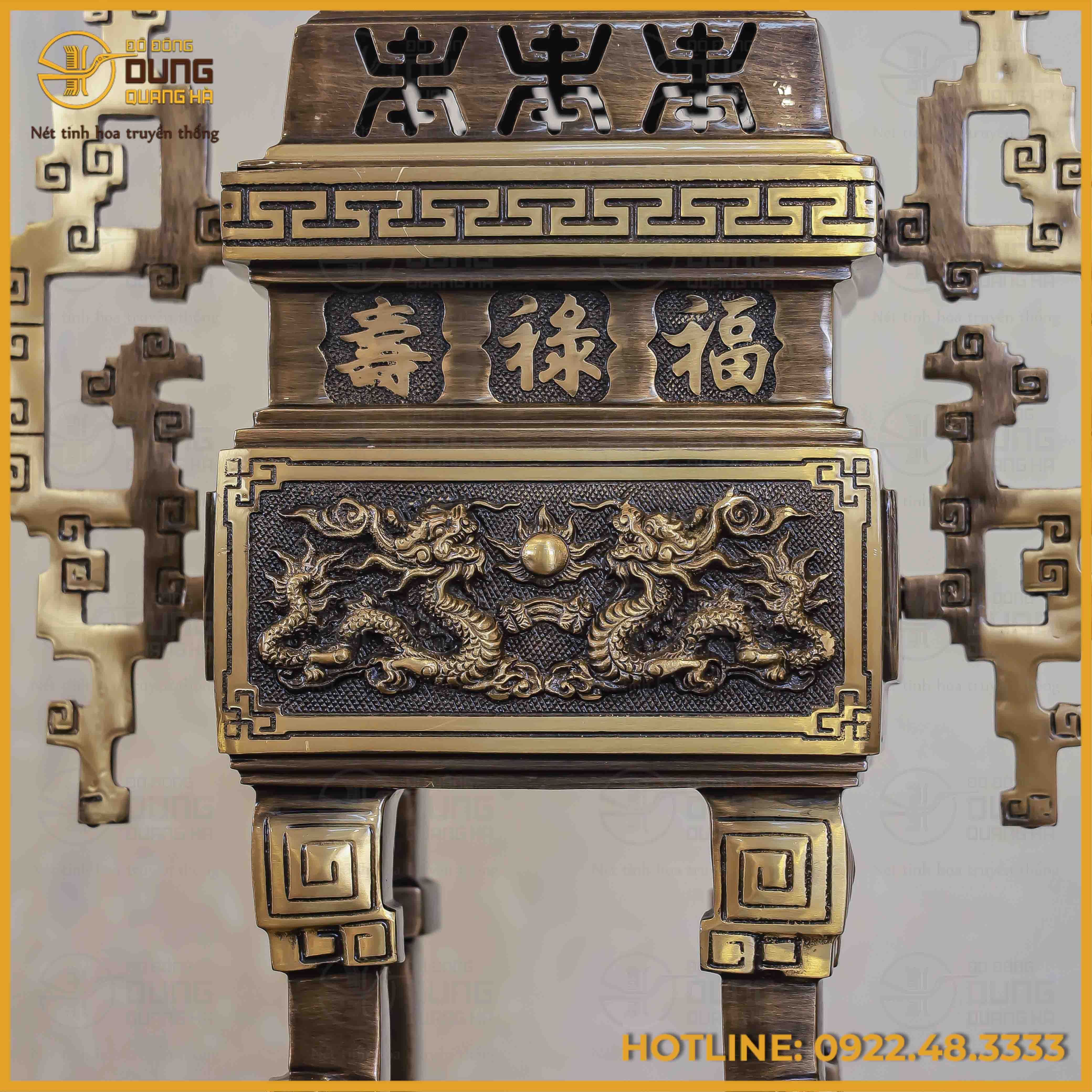 Đỉnh vuông song long chầu nguyệt đồng vàng hai công nghệ cao 65cm