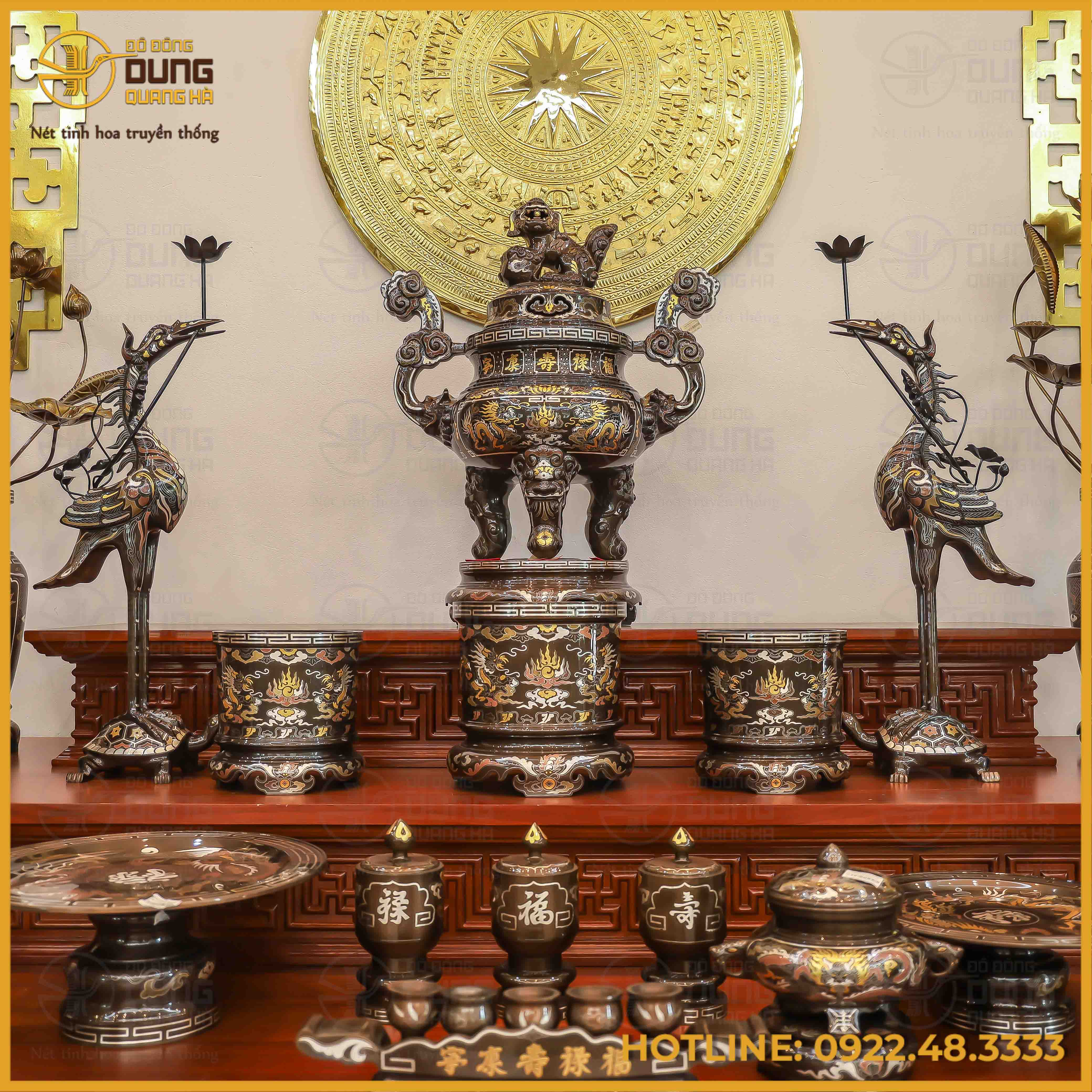 Bộ ngũ sự song long chầu nguyệt đồng đỏ khảm ngũ sắc cao 60cm