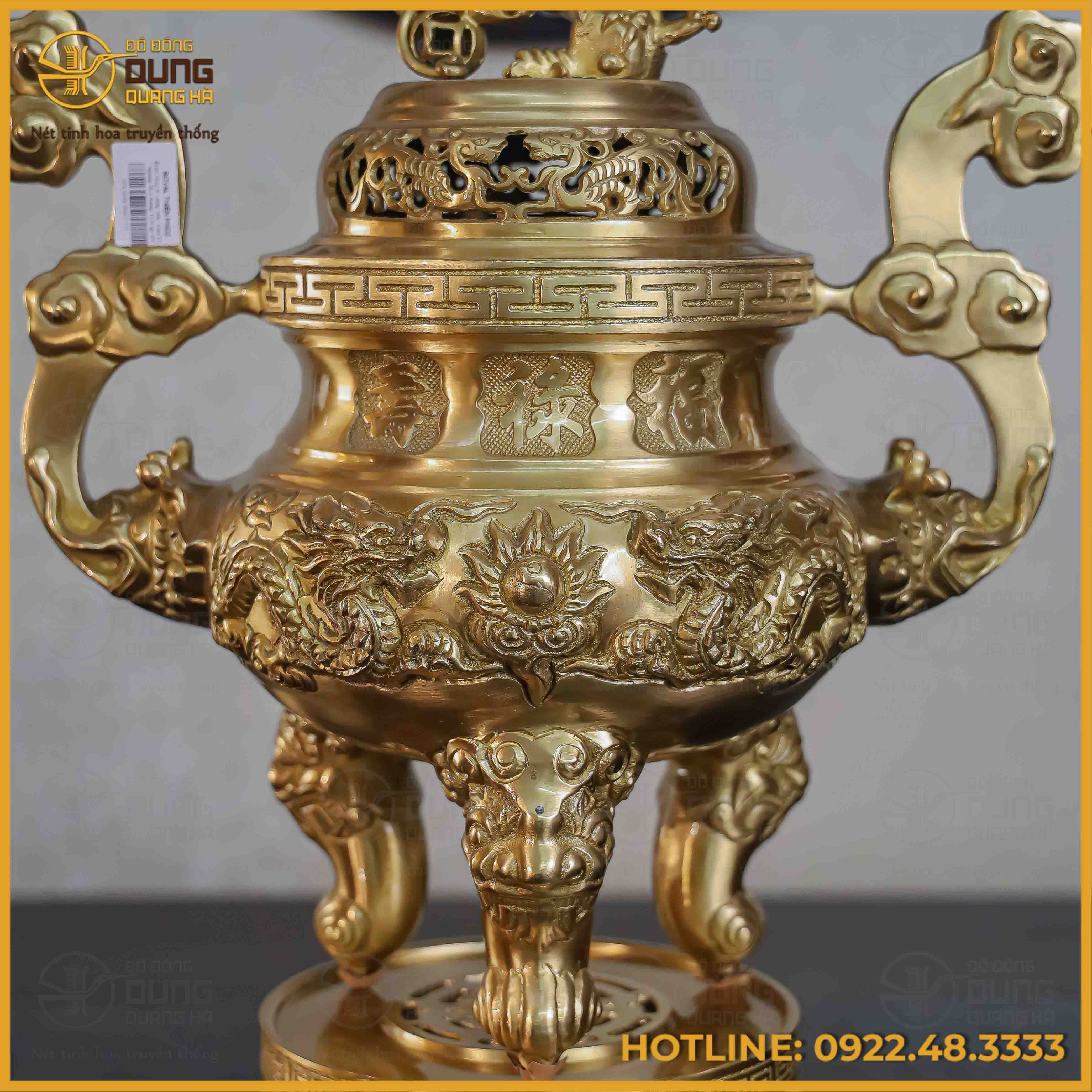 Đỉnh song long chầu nguyệt đồng vàng mộc cao 50cm