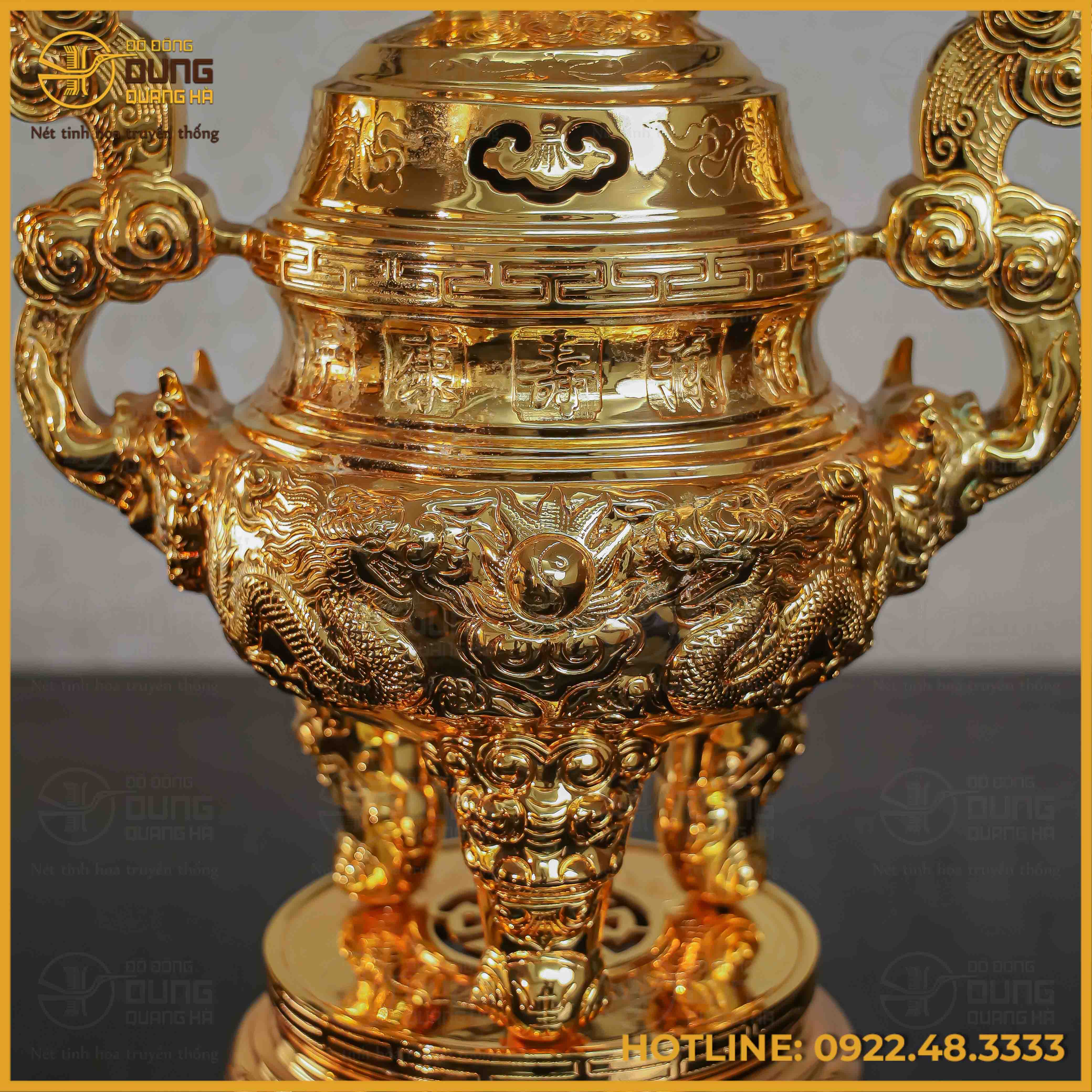 Đỉnh song long chầu nguyệt đồng đỏ mạ vàng tĩnh điện cao 50cm