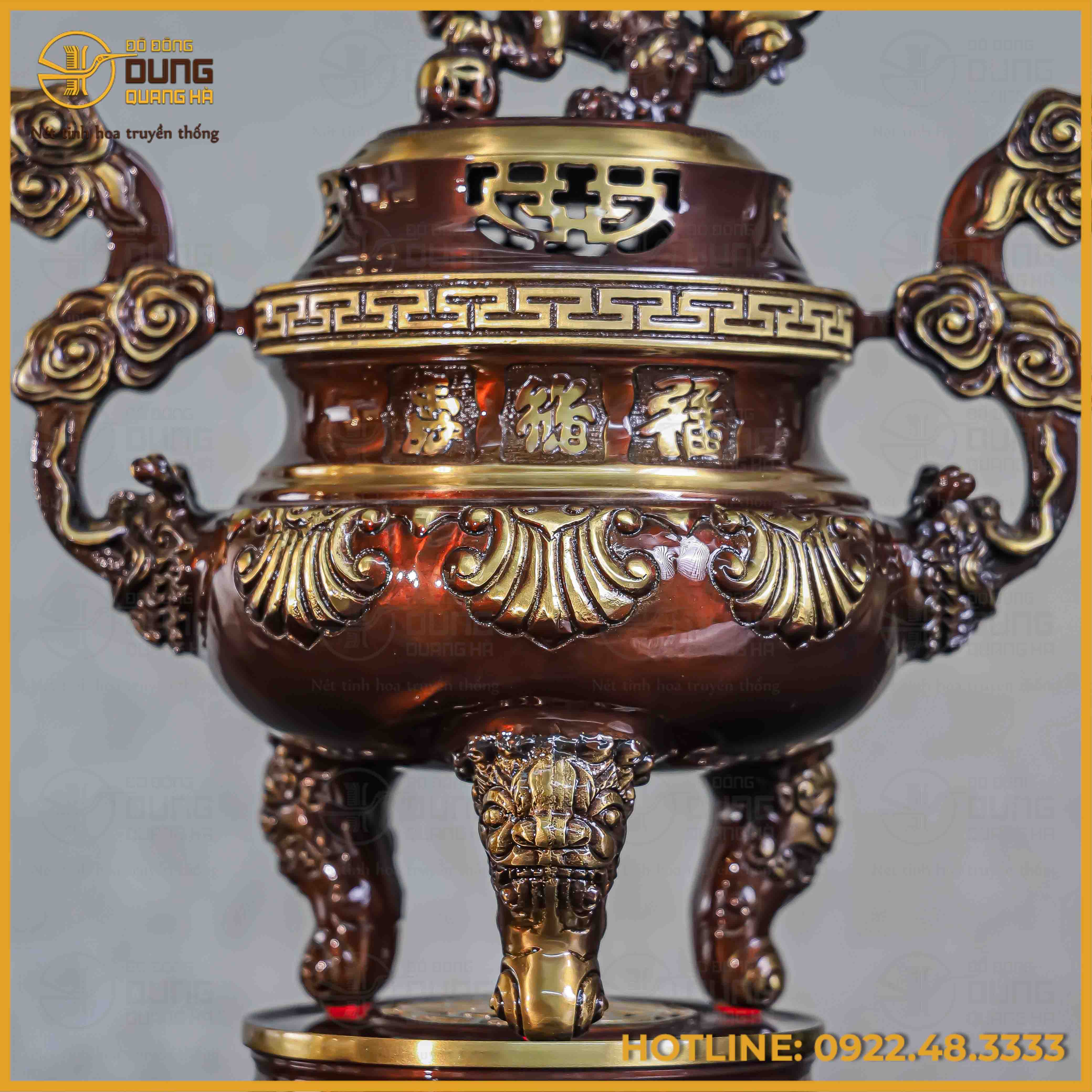 Đỉnh chạm sòi đồng vàng hai lai cao 45cm