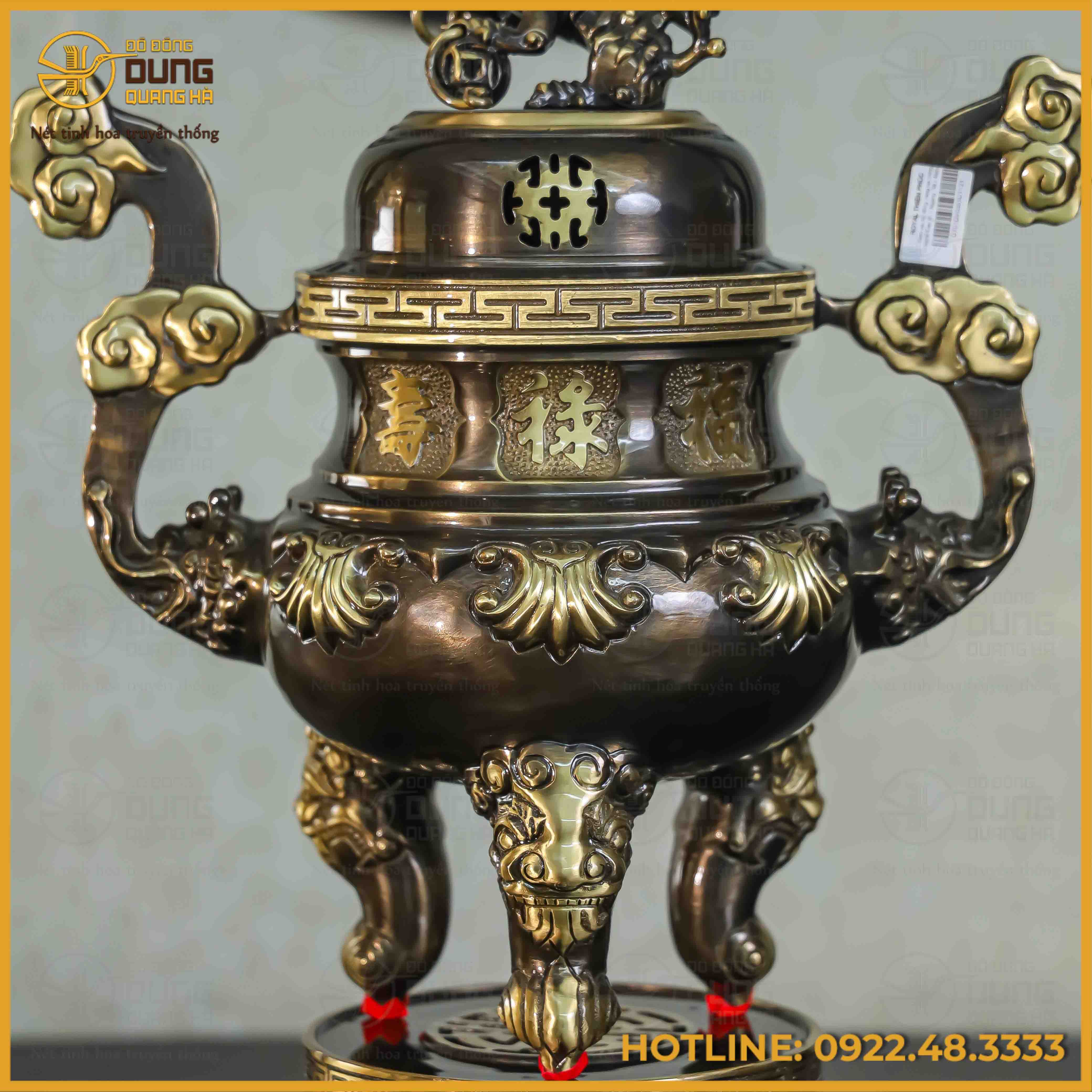 Đỉnh đồng chạm sòi đồng vàng hai công nghệ cao 50cm