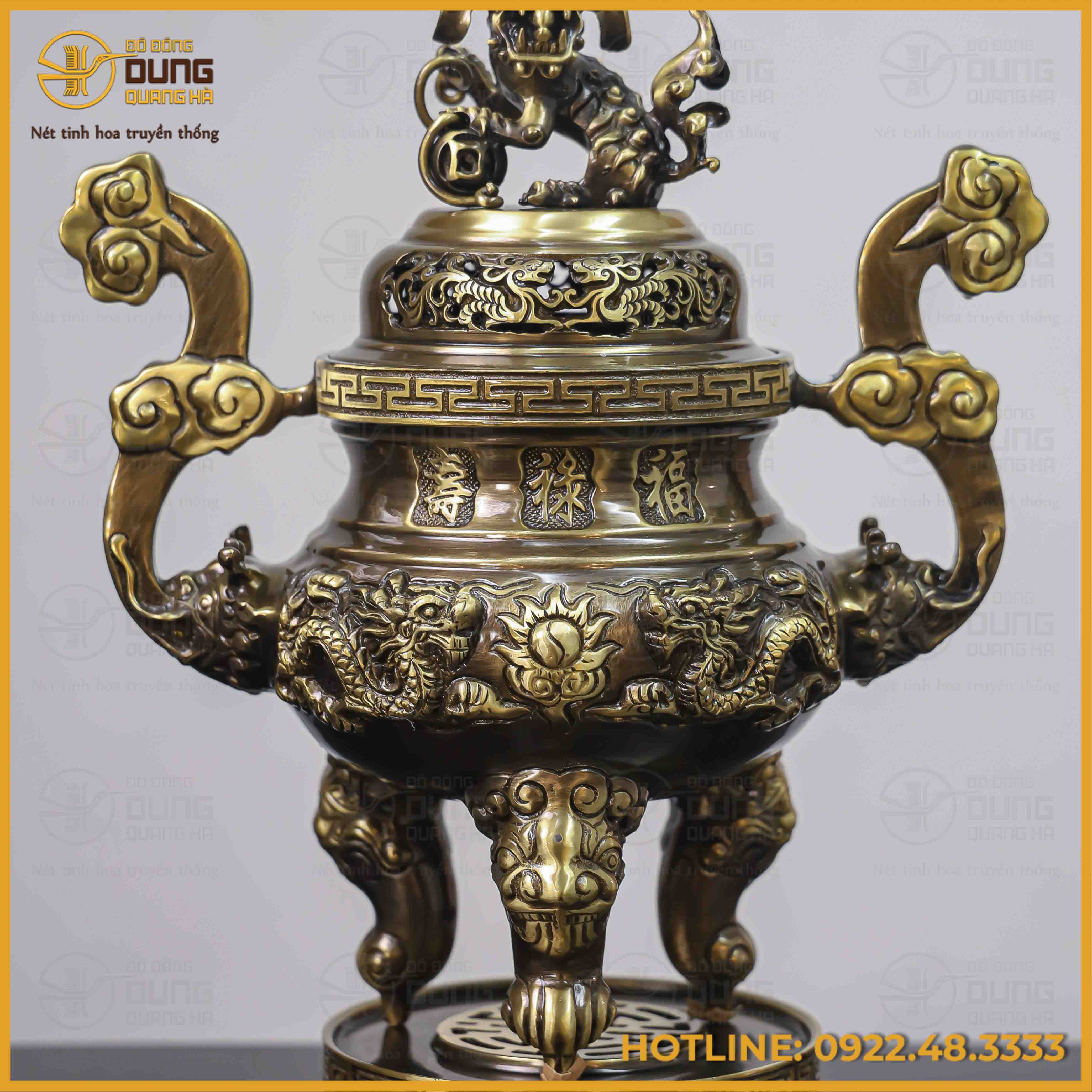 Đỉnh song long chầu nguyệt đồng vàng hai công nghệ cao 45cm