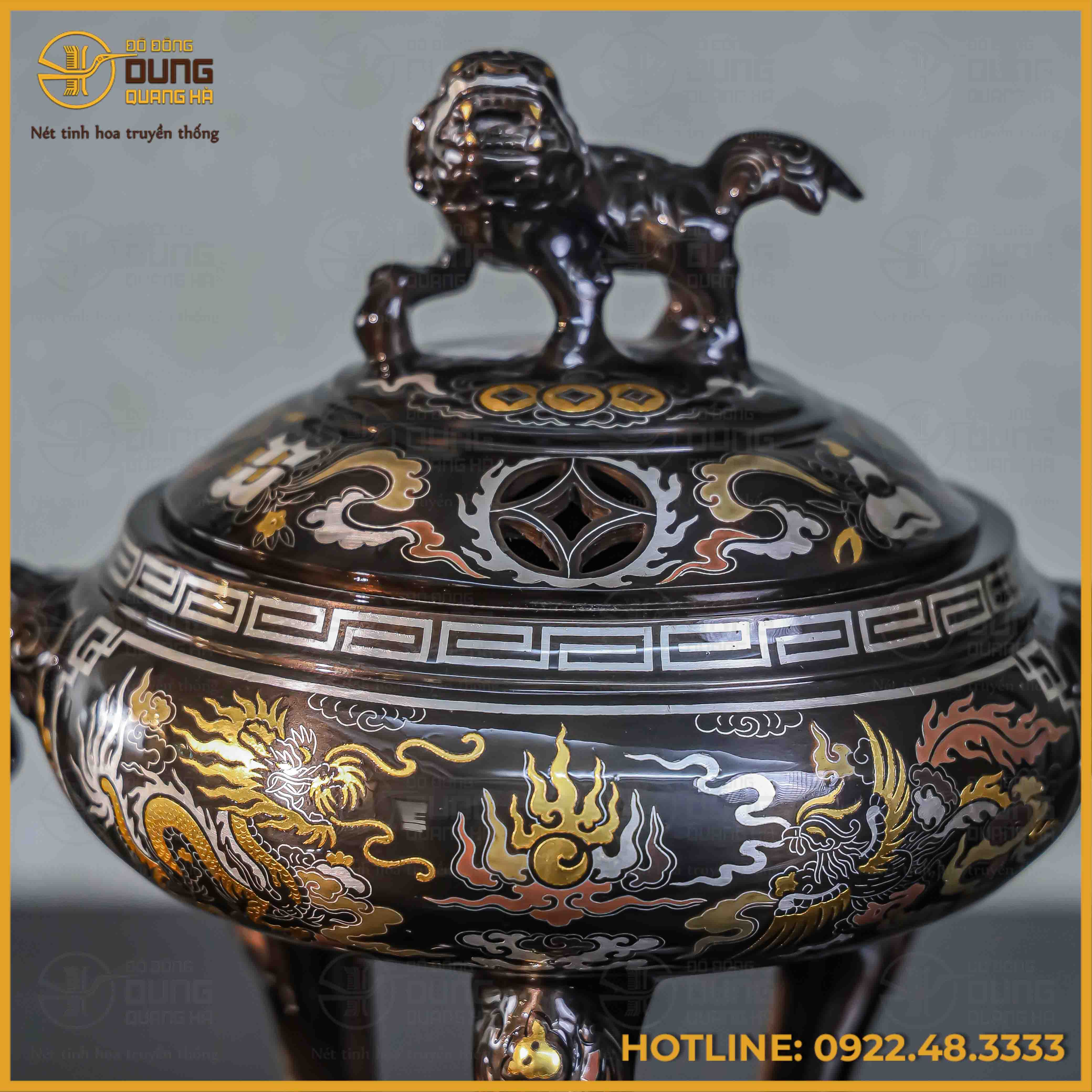Lư đỉnh đốt trầm đồng đỏ khảm ngũ sắc cao 35cm