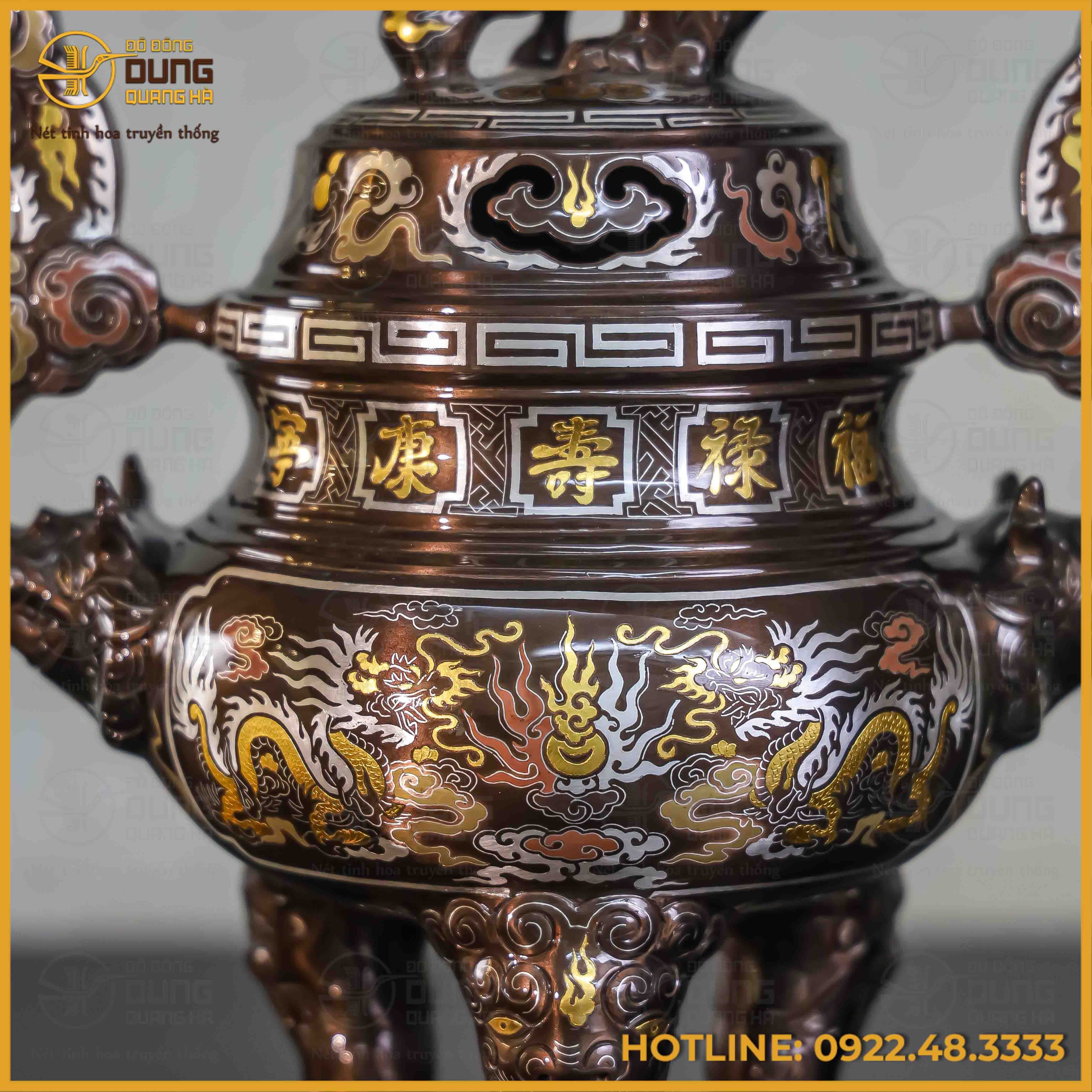 Đỉnh song long chầu nguyệt đồng đỏ khảm ngũ sắc cao 40cm