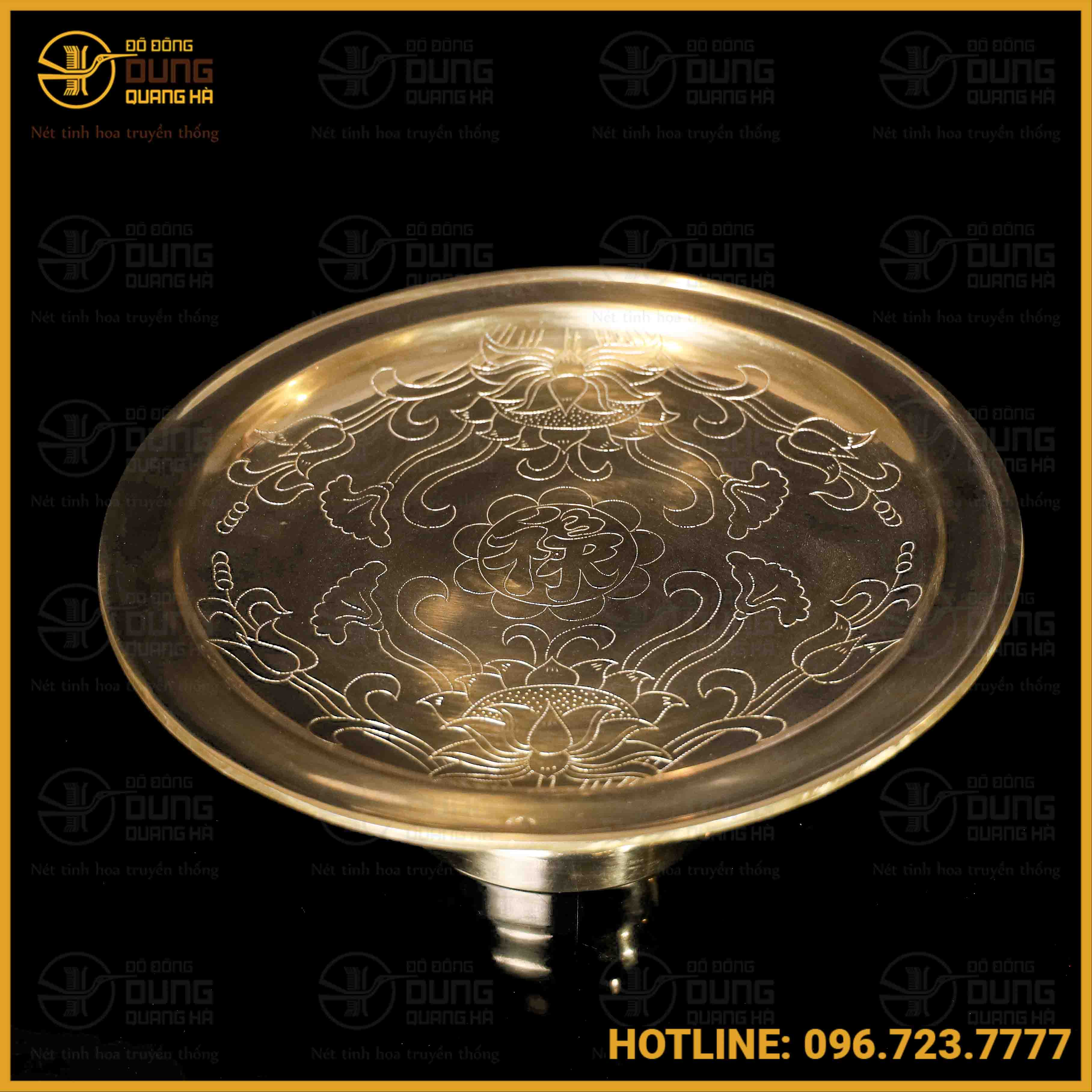 Mâm bồng ám hoa sen bằng đồng catut đường kính 30cm
