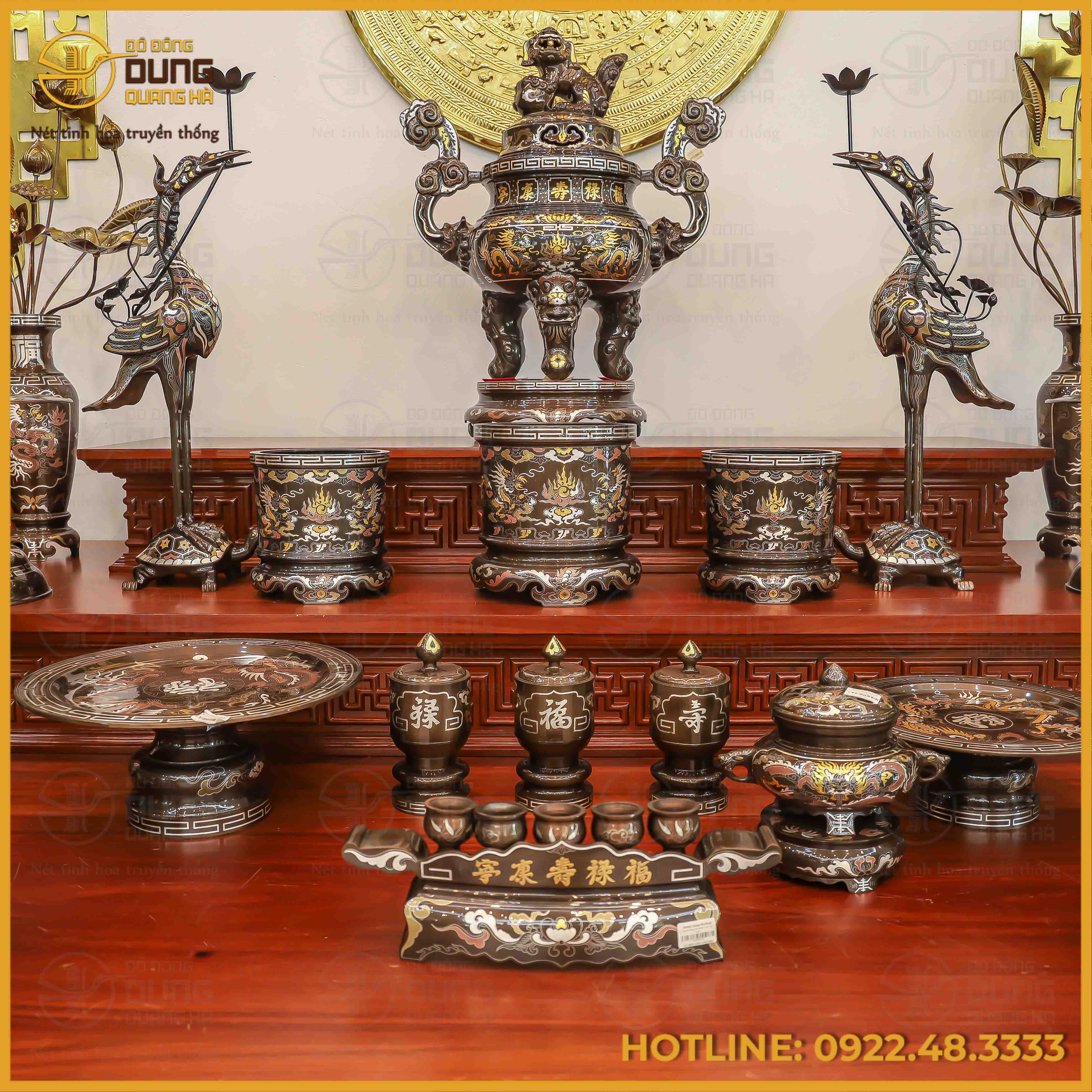 Bộ ngũ sự song long chầu nguyệt đồng đỏ khảm ngũ sắc cao 60cm