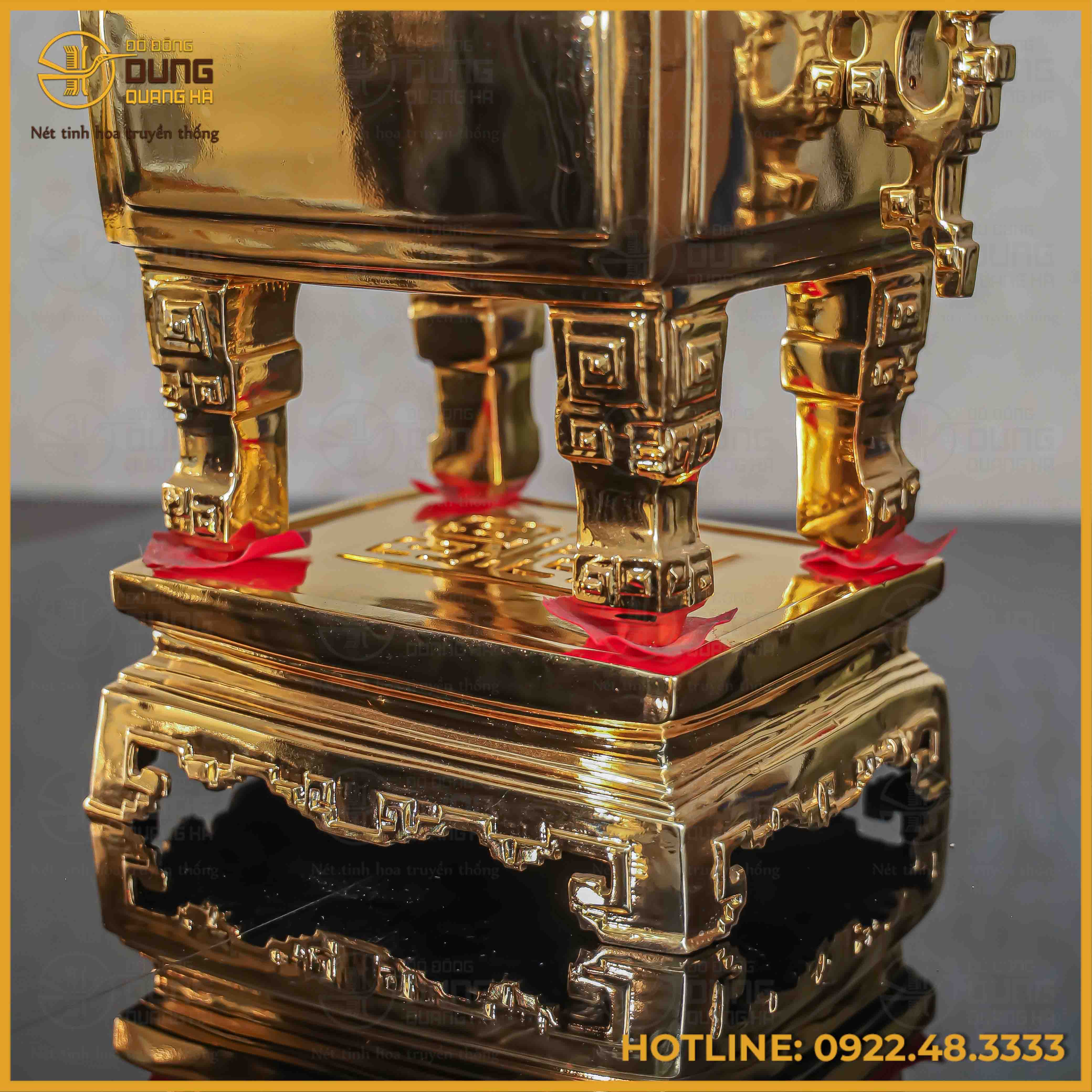 Đỉnh vuông đồng đỏ mạ vàng cao 50cm