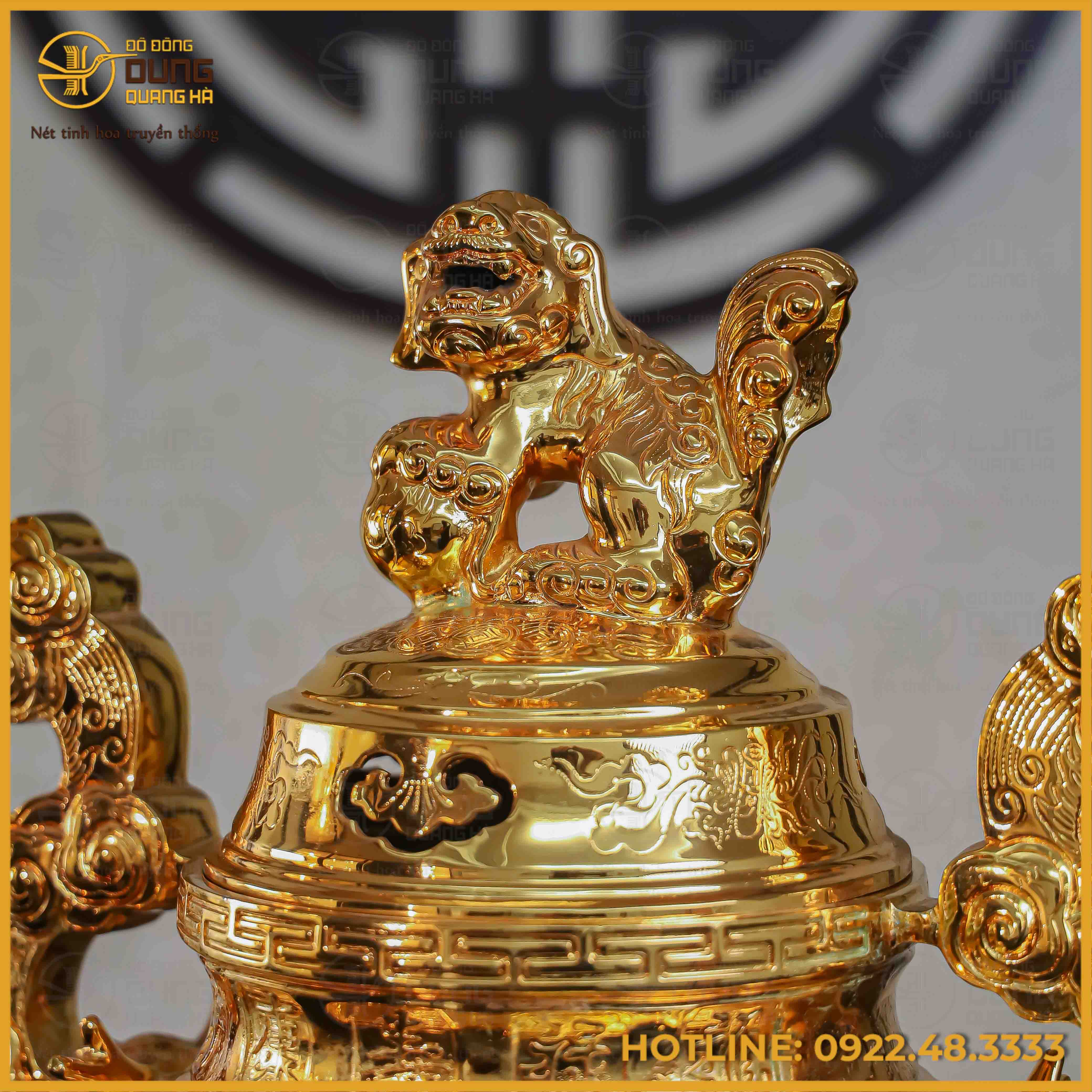 Đỉnh song long chầu nguyệt đồng đỏ mạ vàng tĩnh điện cao 50cm